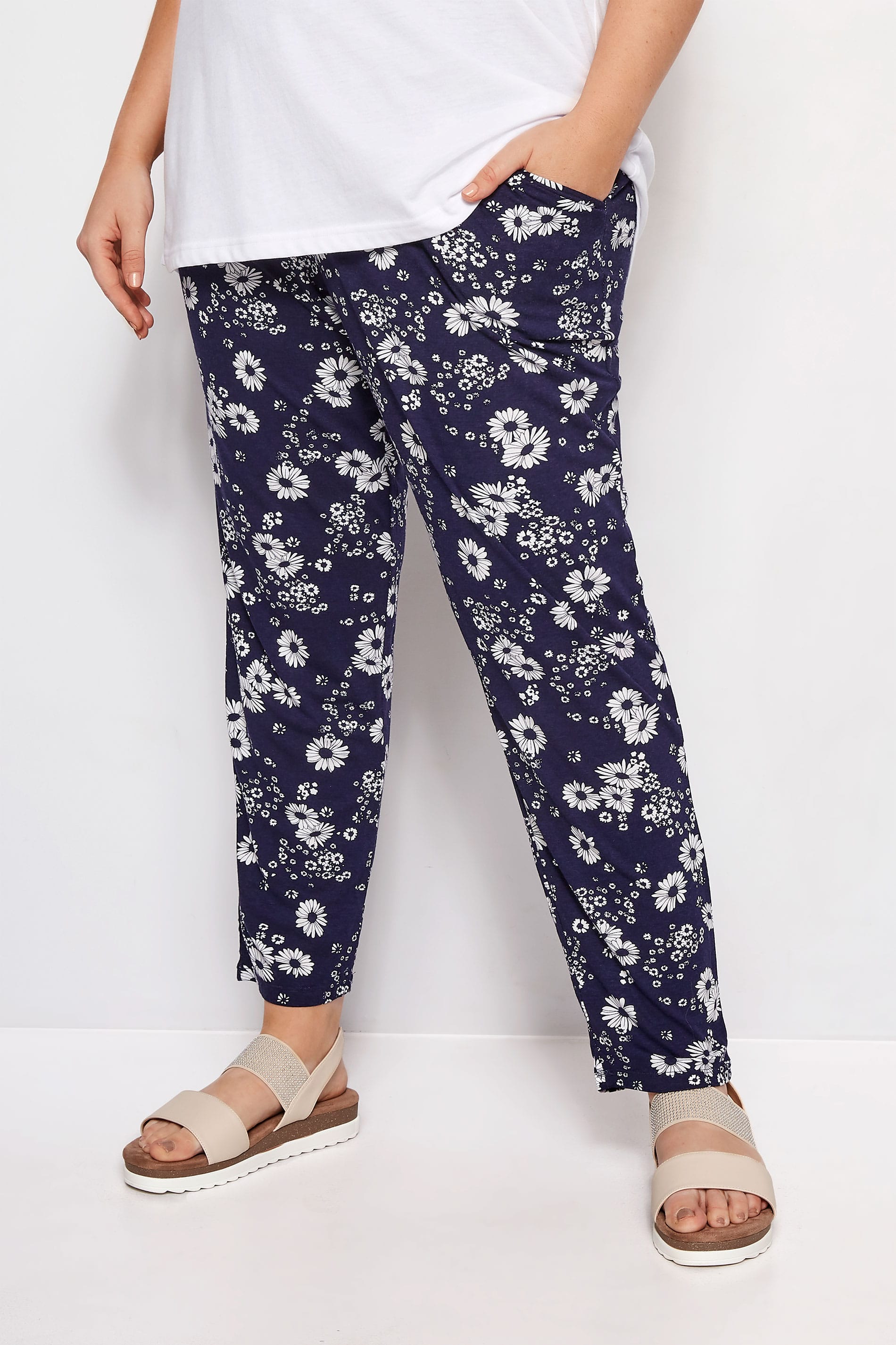 Navy Floral Print Jersey Harem Trousers, Plus size 16 to 36