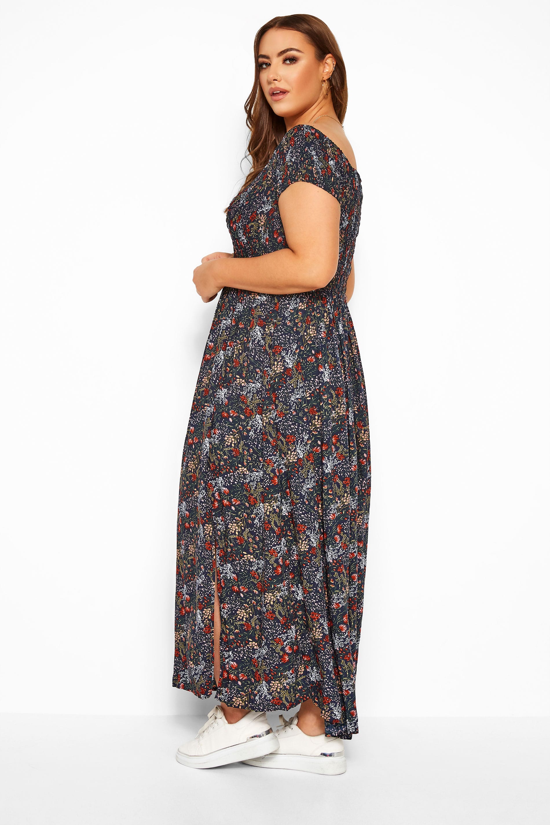 Navy Floral Shirred Maxi Dress | Sizes 16-40 | Yours Clothing