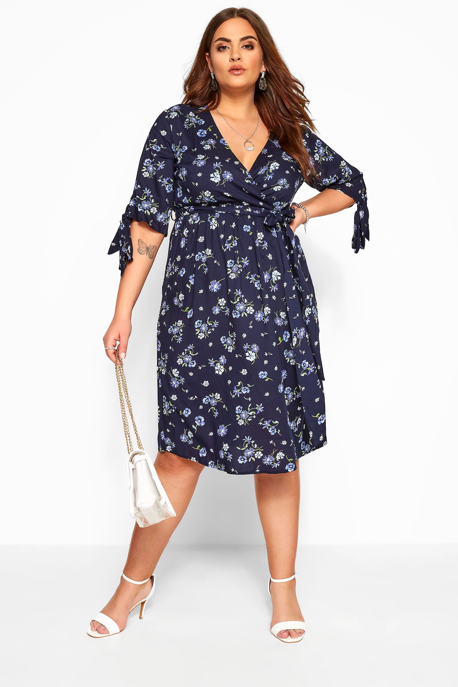 Navy Floral Tie Sleeve Wrap Dress | Yours Clothing