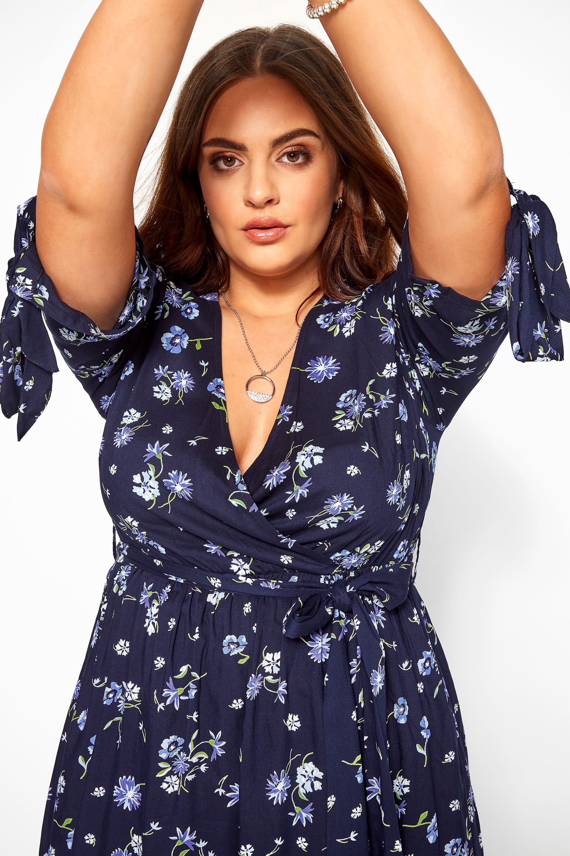 Navy Floral Tie Sleeve Wrap Dress | Yours Clothing