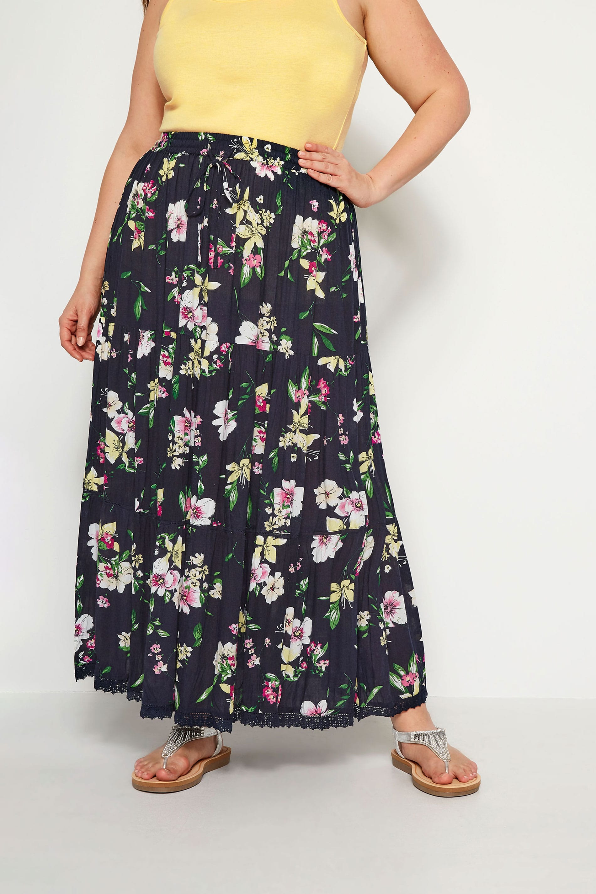 Navy Floral Tiered Maxi Skirt | Plus Size 16 to 36 | Yours Clothing