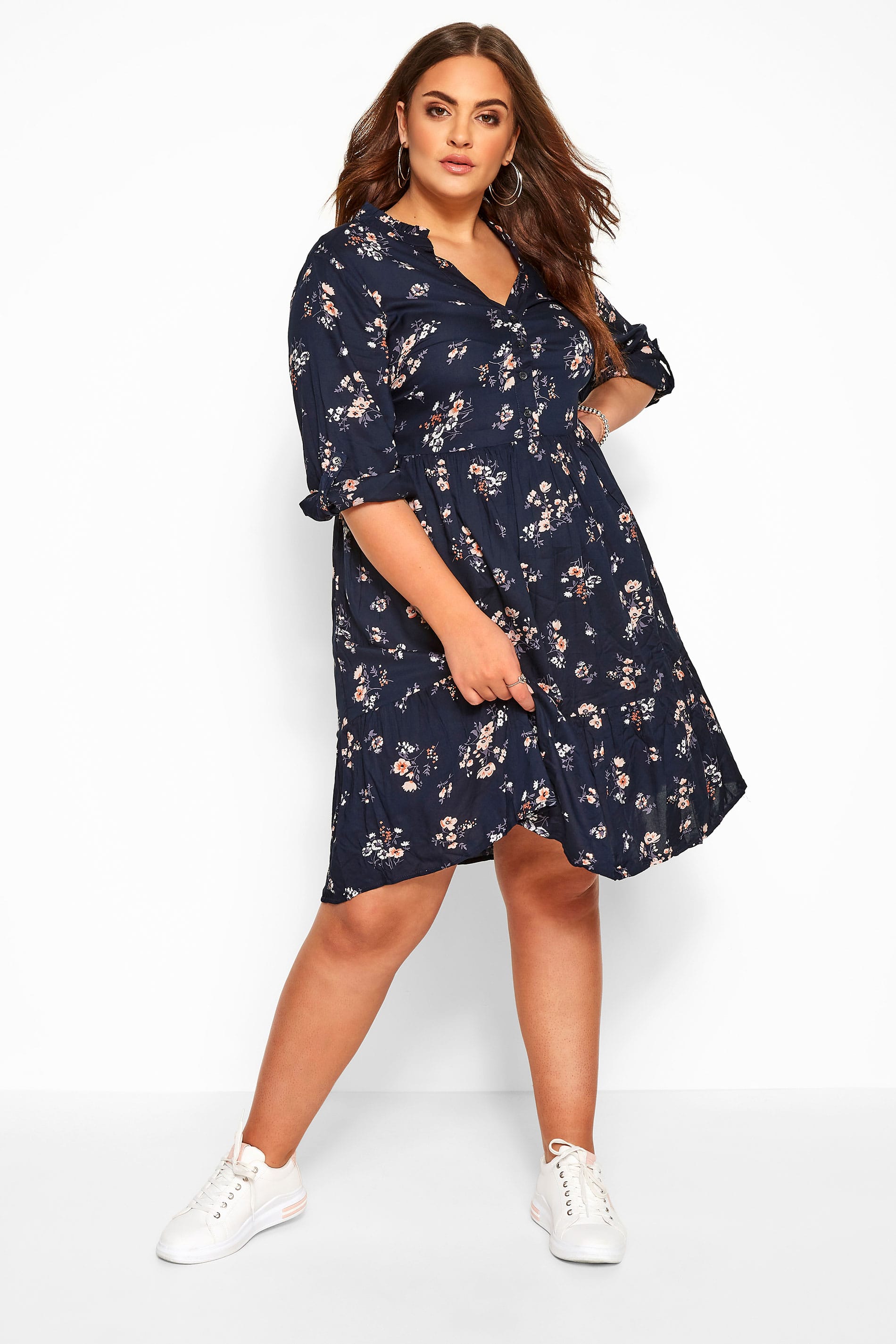Navy Floral Tiered Smock Dress | Yours Clothing