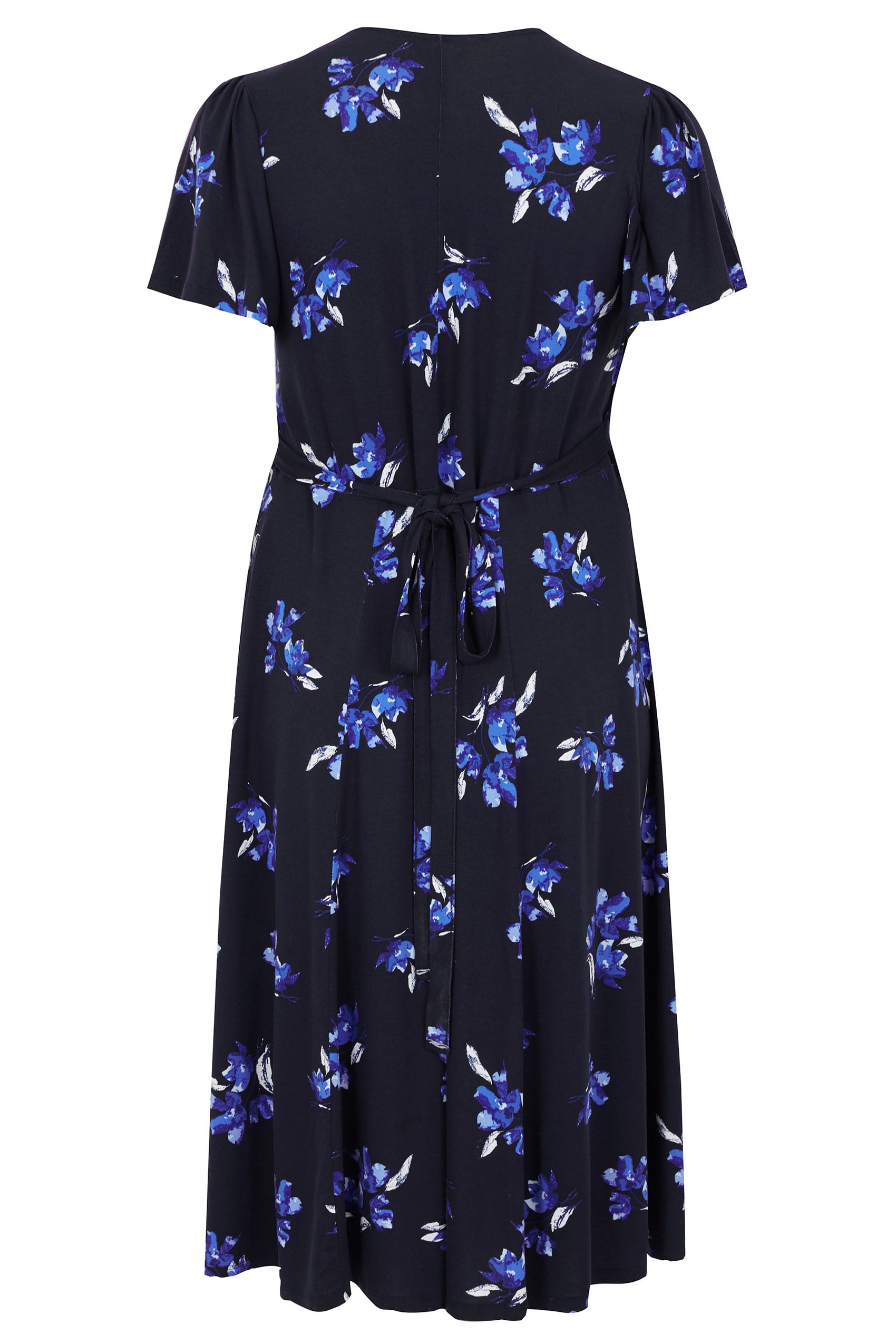 Navy Floral Wrap Over Jersey Midi Dress With Waist Tie Plus Size To