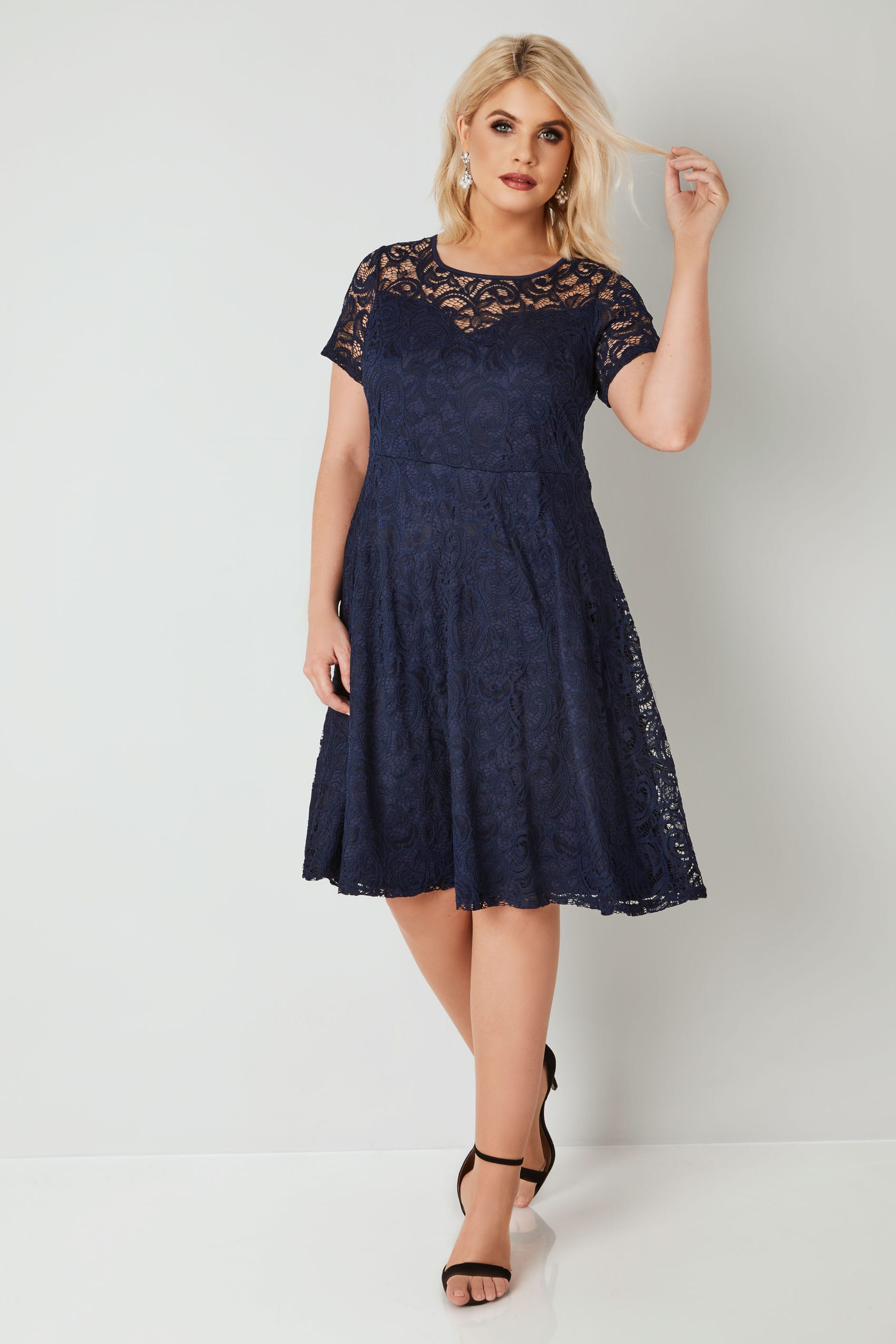 Navy Lace Skater Dress With Sweetheart Bust, plus size 16 to 36