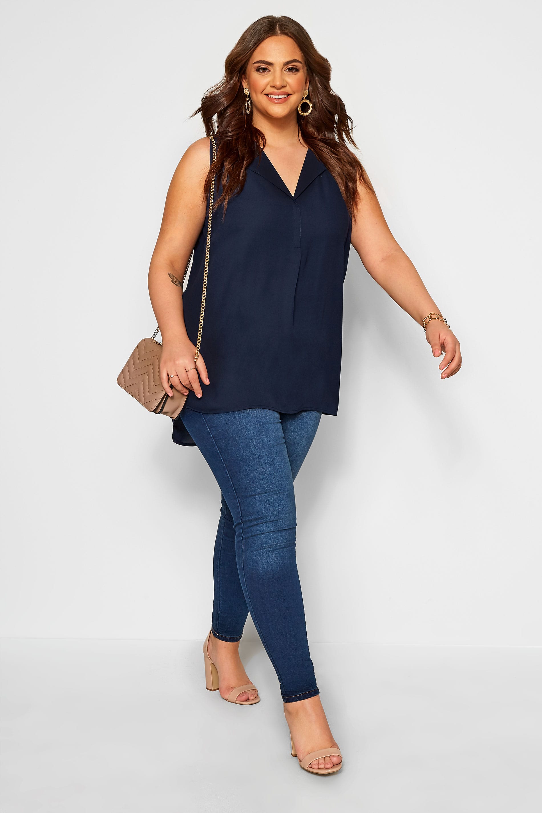 YOURS LONDON Navy Lapel Shell Top | Yours Clothing 1