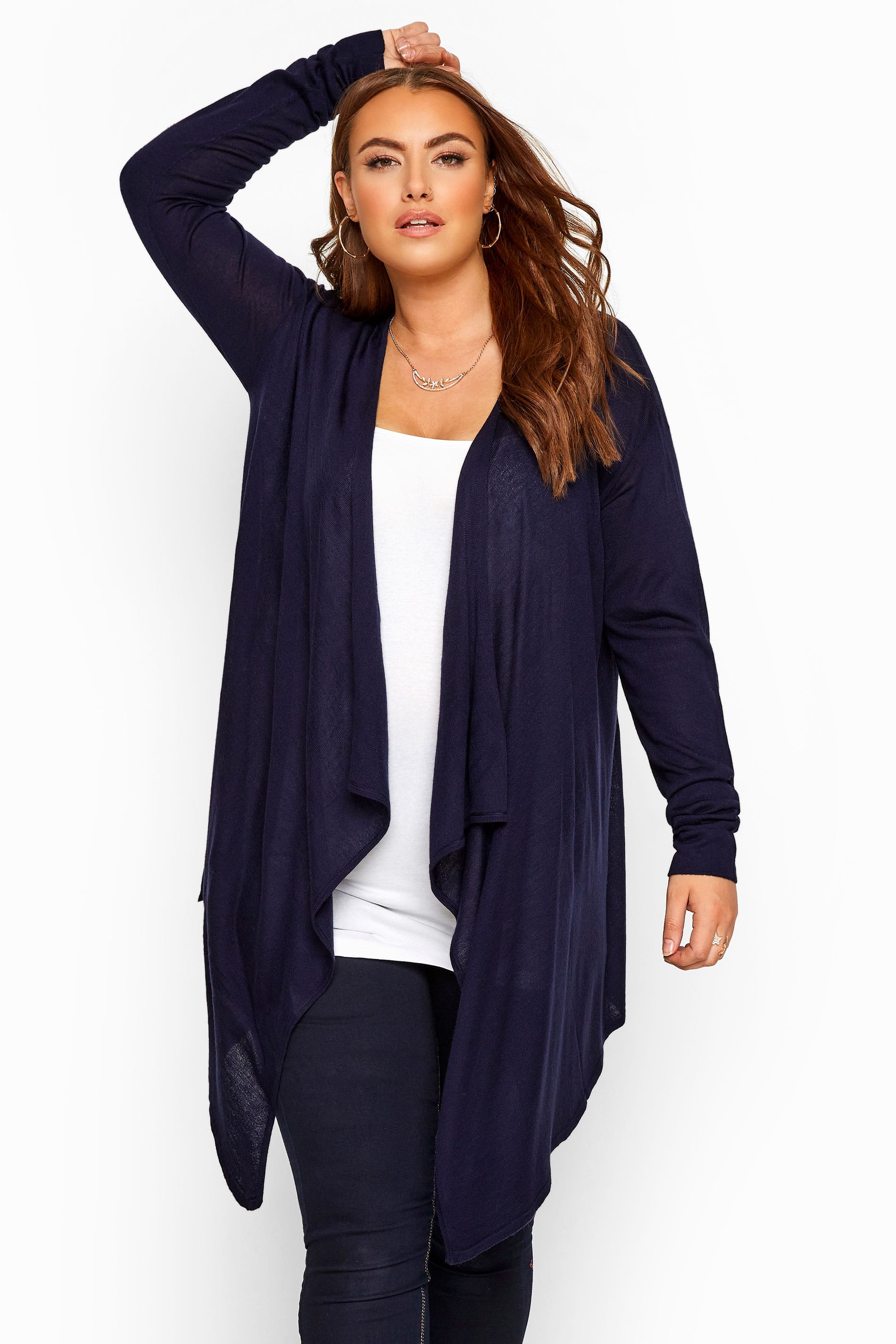 Navy Longline Waterfall Cardigan, plus size 16 to 36 | Yours Clothing