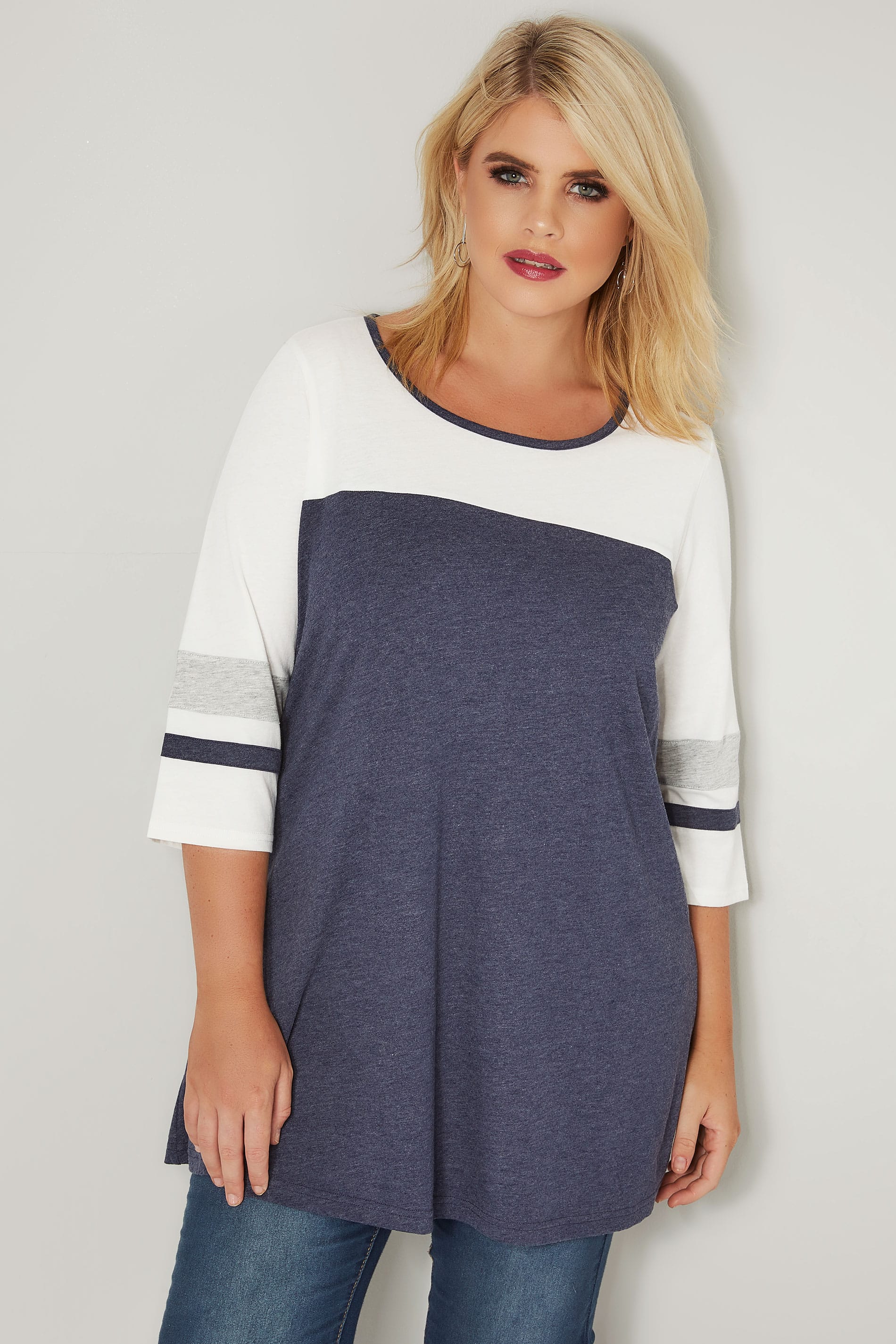 Navy Marl Colour Block Top, plus size 16 to 36