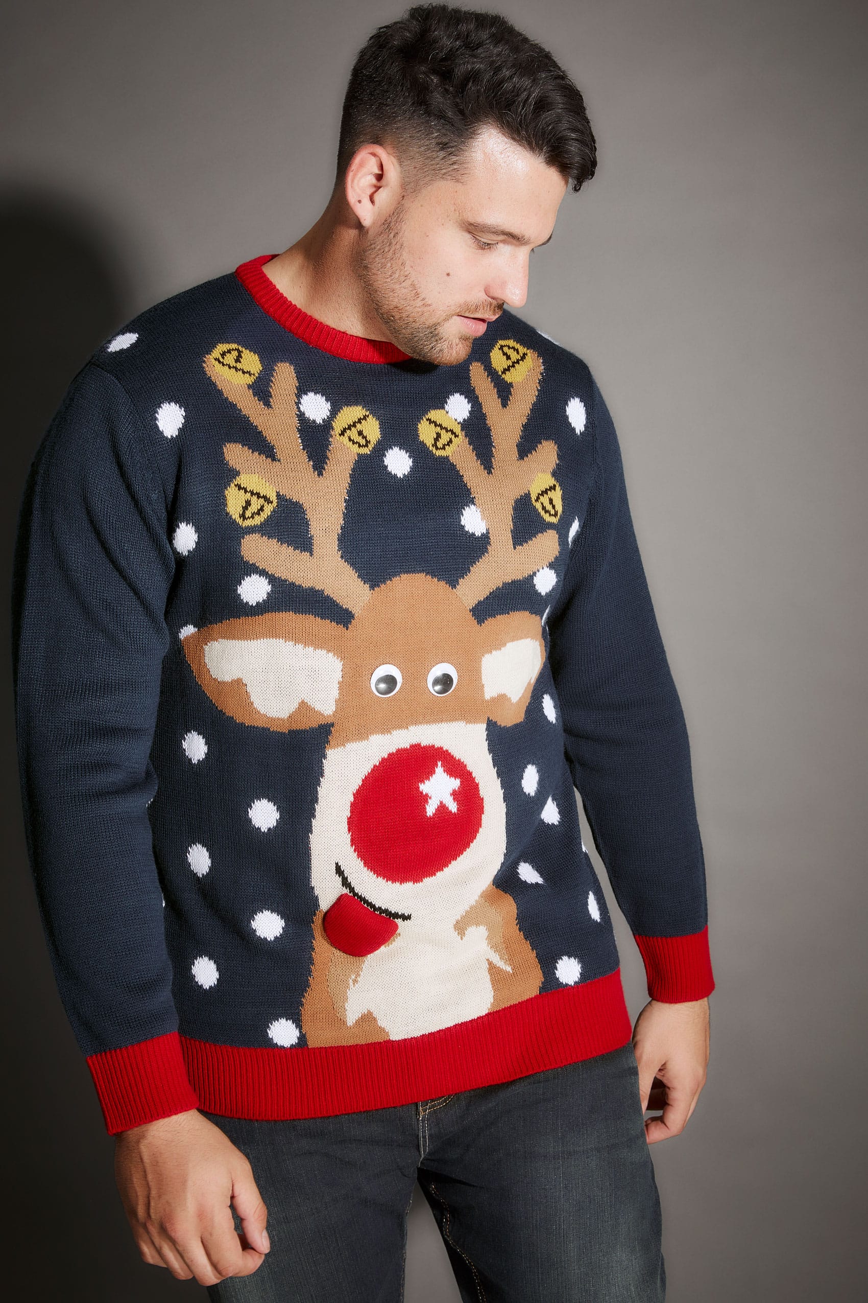 BadRhino Navy Christmas Reindeer Knitted Jumper, Size L to 6XL