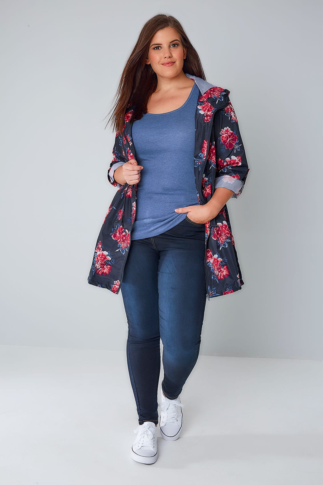 Navy & Multi Floral Print Shower Resistant Parka Jacket With Hood, Plus size 16 to 36 3