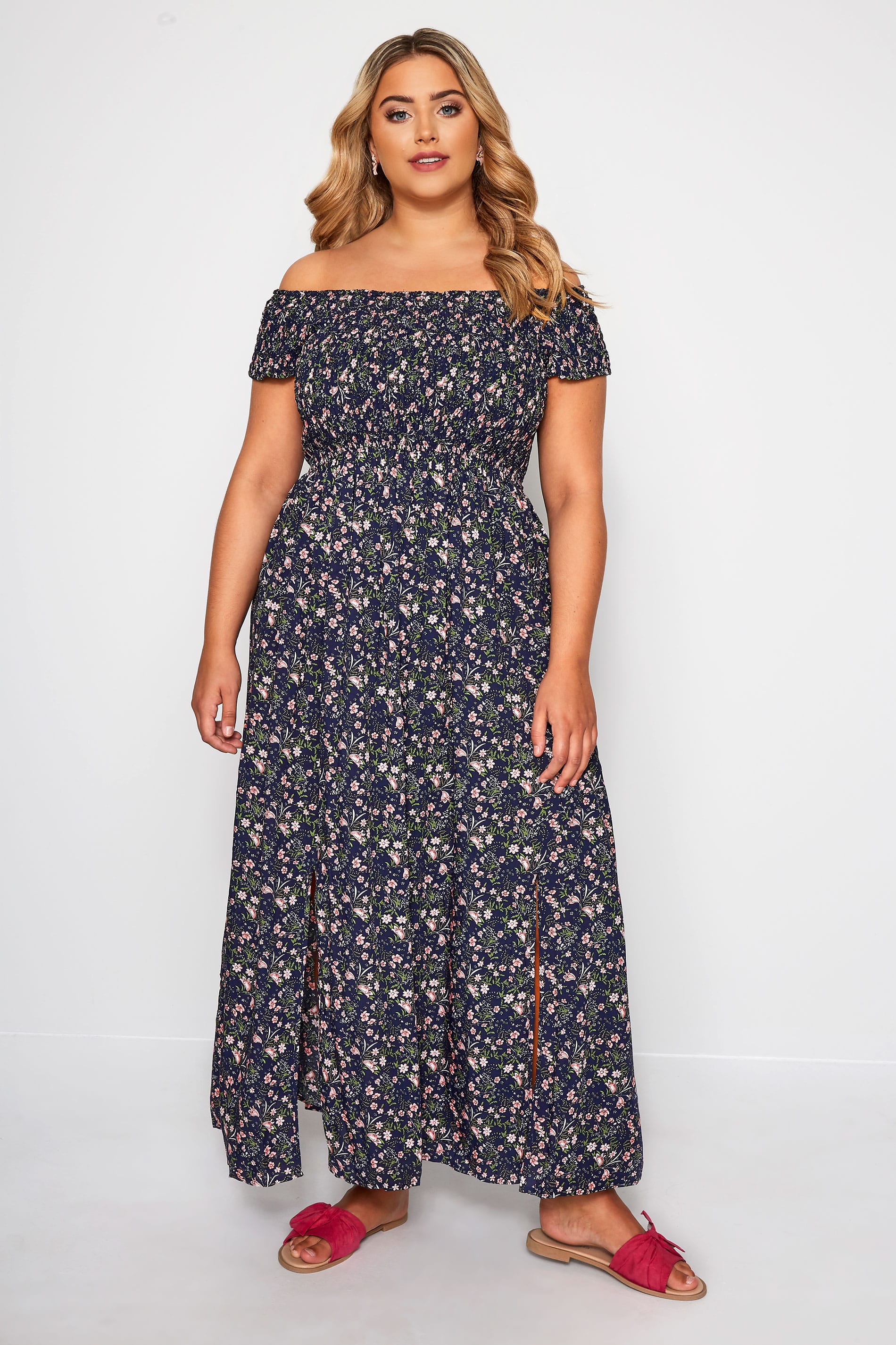 Navy & Pink Ditsy Floral Shirred Maxi Dress | Sizes 16-36 | Yours Clothing