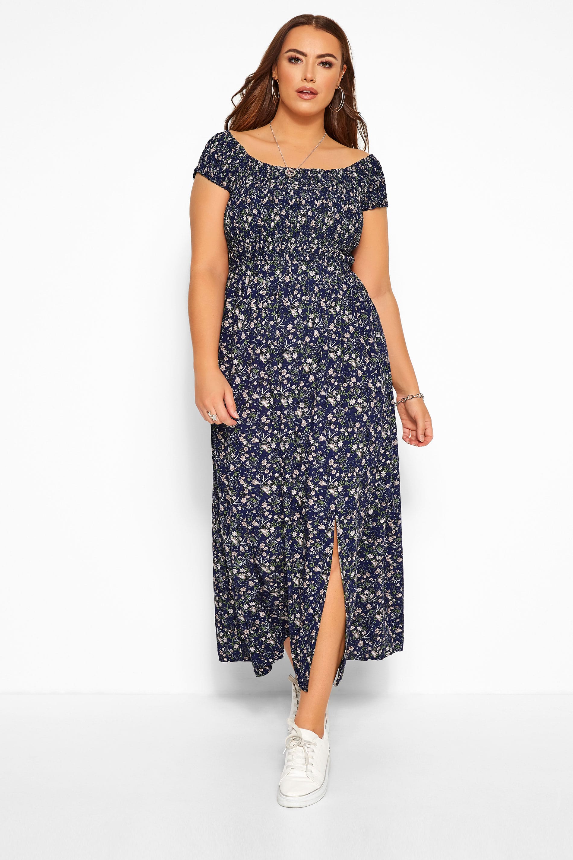 Navy & Pink Ditsy Floral Shirred Maxi Dress | Sizes 16-36 | Yours Clothing