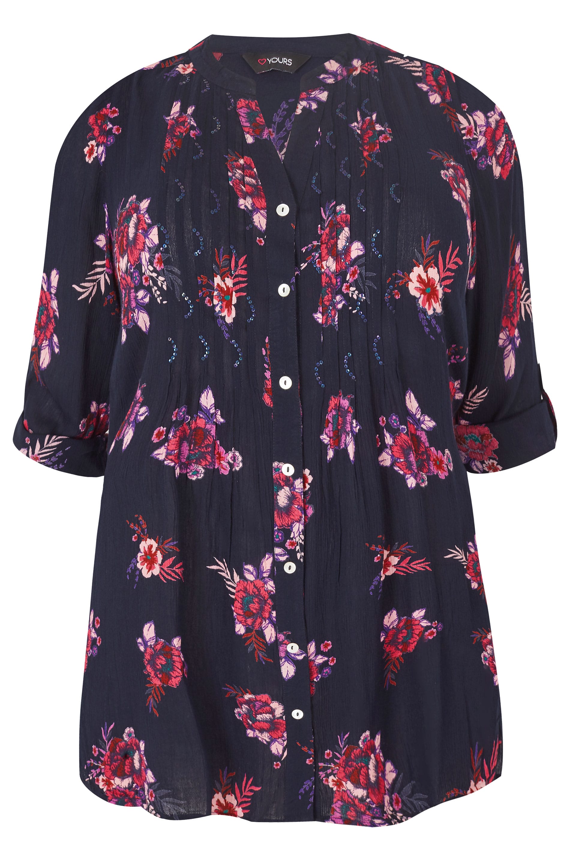 Navy & Pink Floral Pintuck Longline Blouse With Beading Detail, plus ...