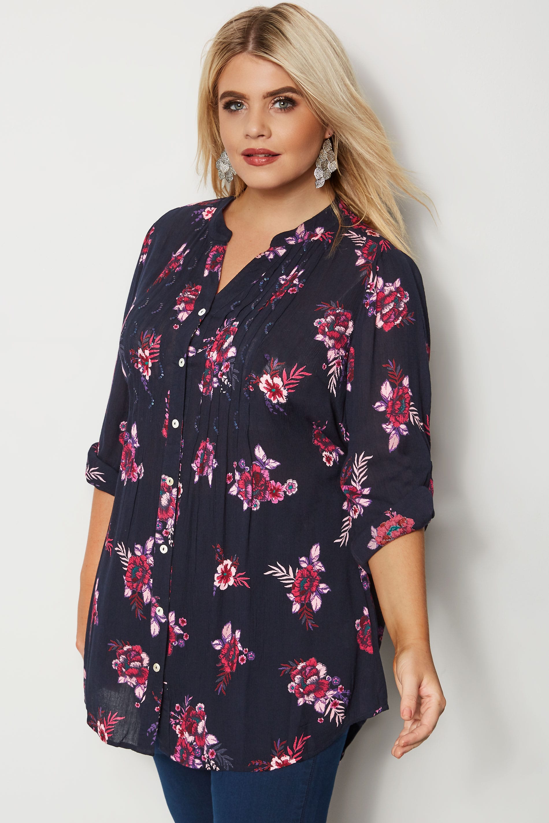 Navy & Pink Floral Pintuck Longline Blouse With Beading Detail, plus ...