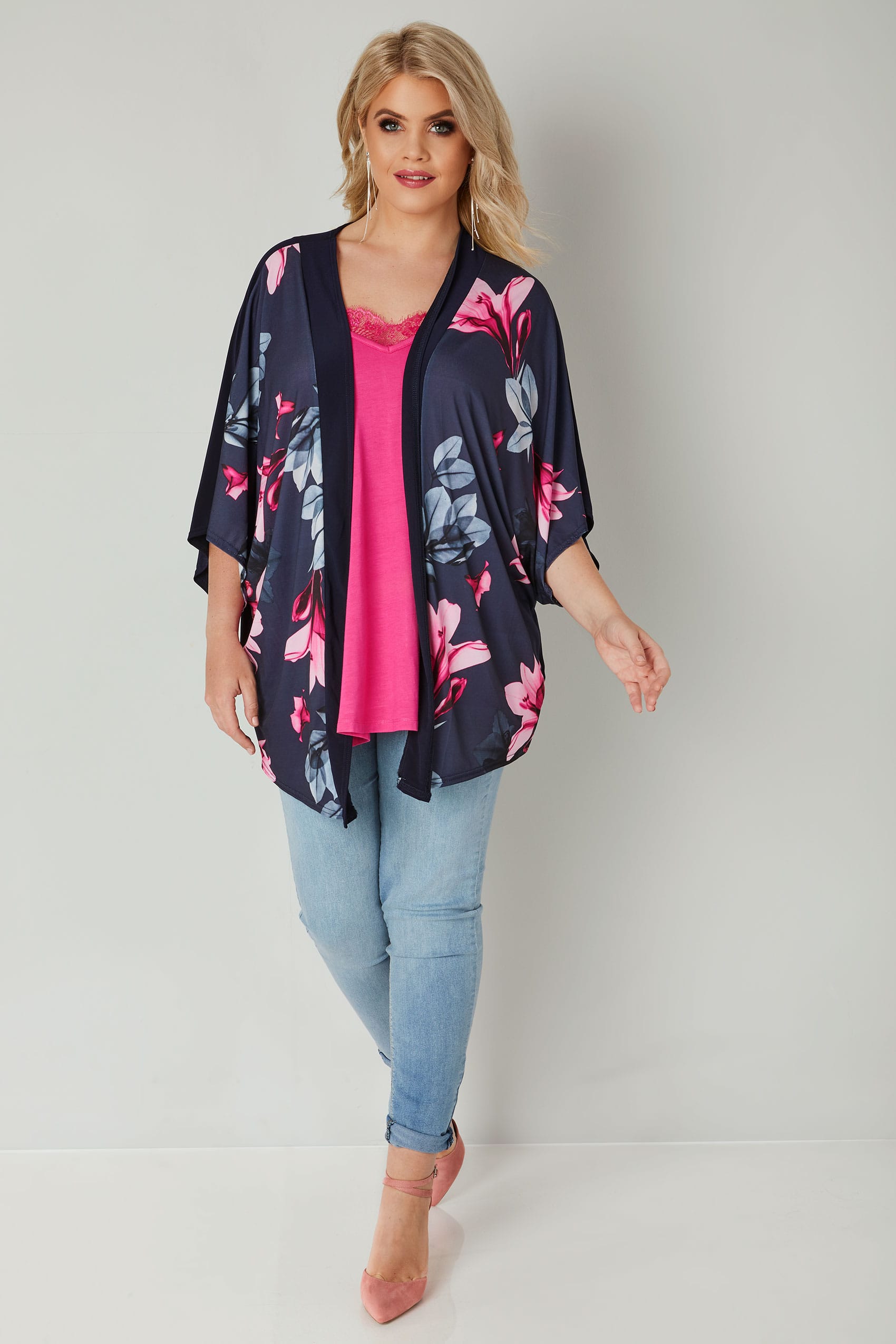 Navy & Pink Floral Print Slinky Kimono, Plus size 16 to 36