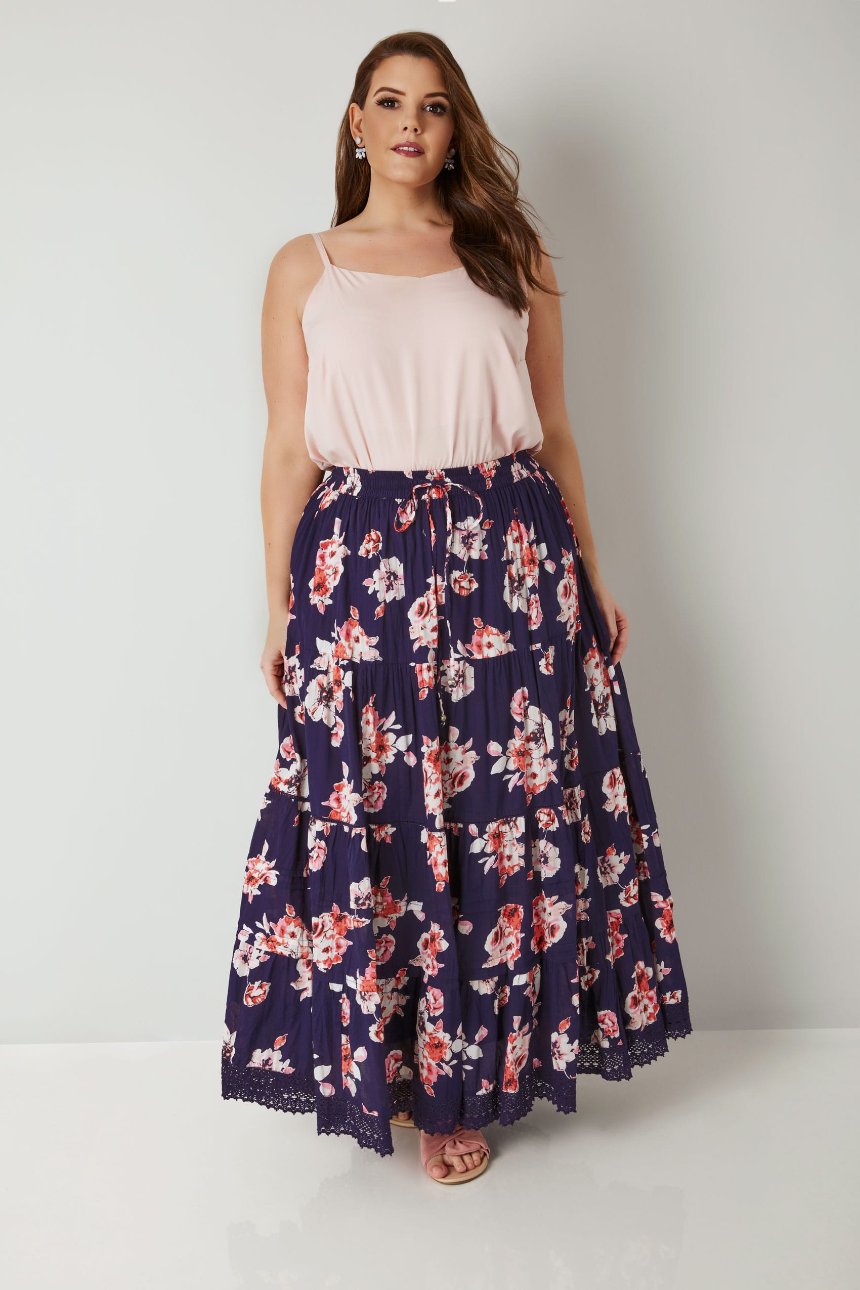 Navy And Pink Floral Print Tiered Maxi Skirt With Lace Trim Hem Plus Size 16 To 36