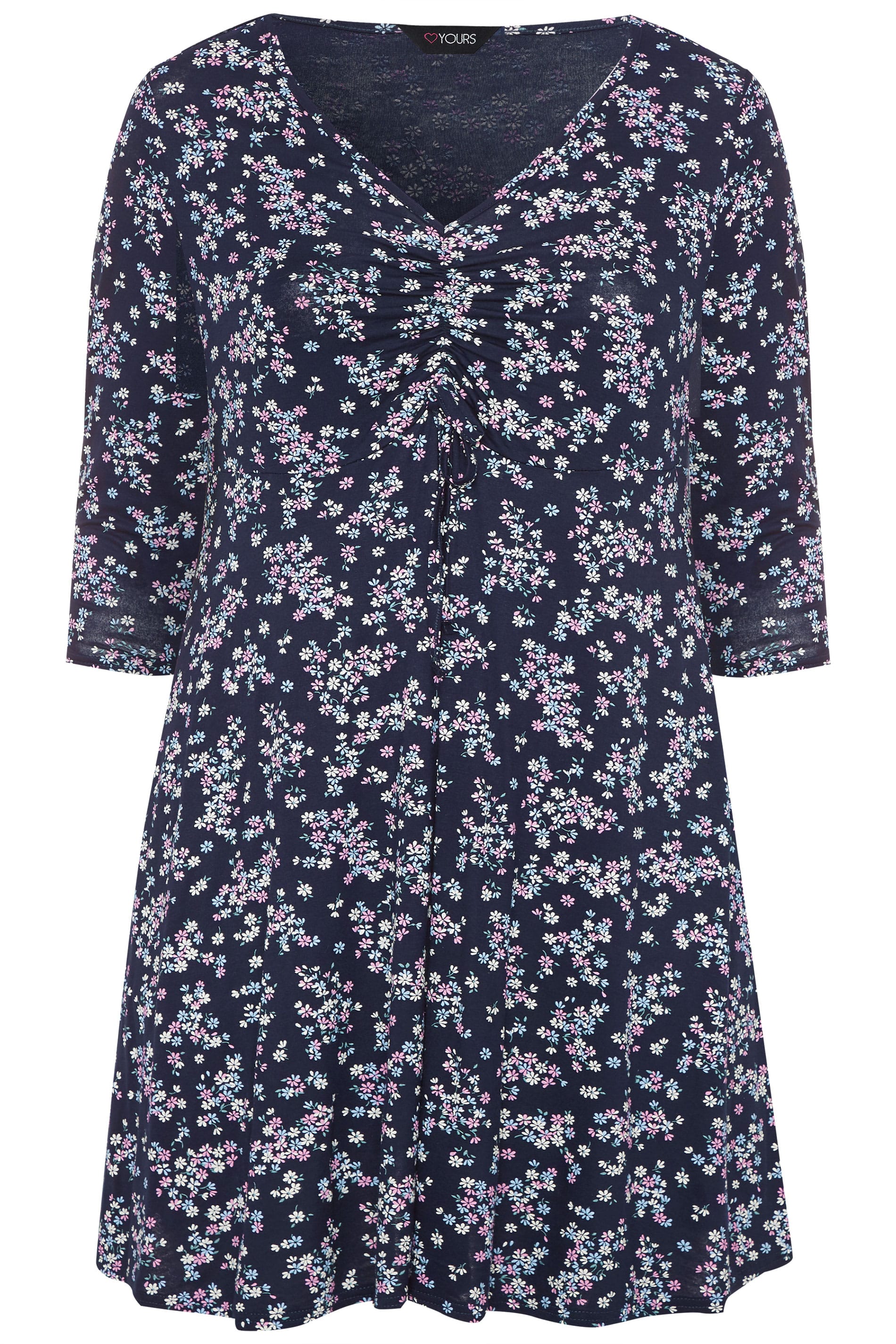 Navy & Pink Floral Ruched Dress | Yours Clothing