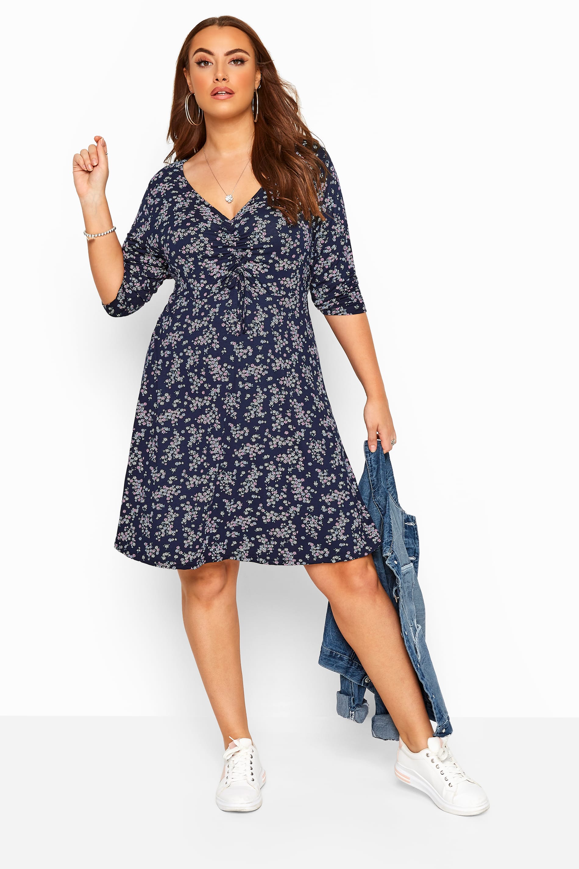 Navy & Pink Floral Ruched Dress | Yours Clothing