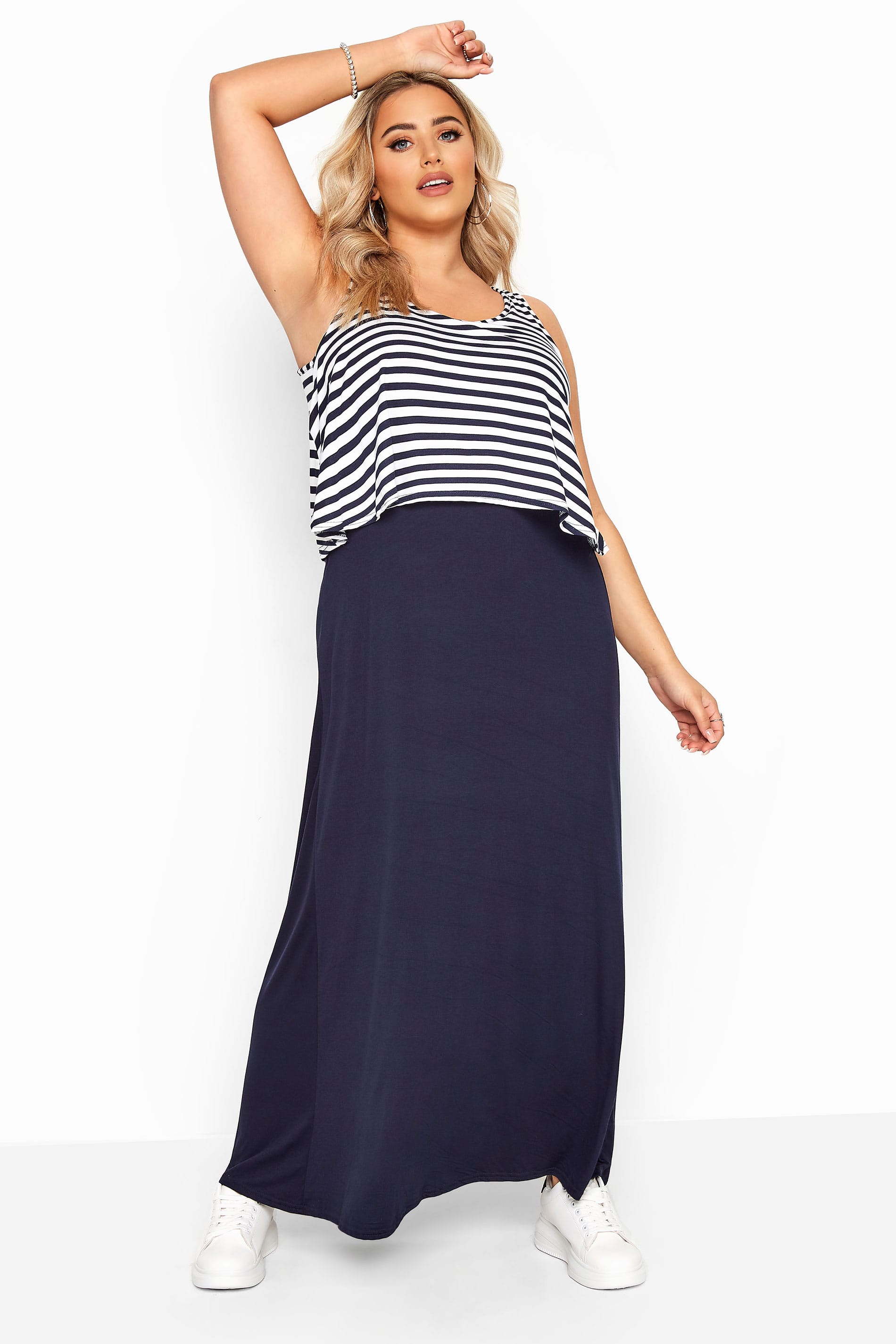 Navy Stripe Overlay Maxi Dress | Yours Clothing