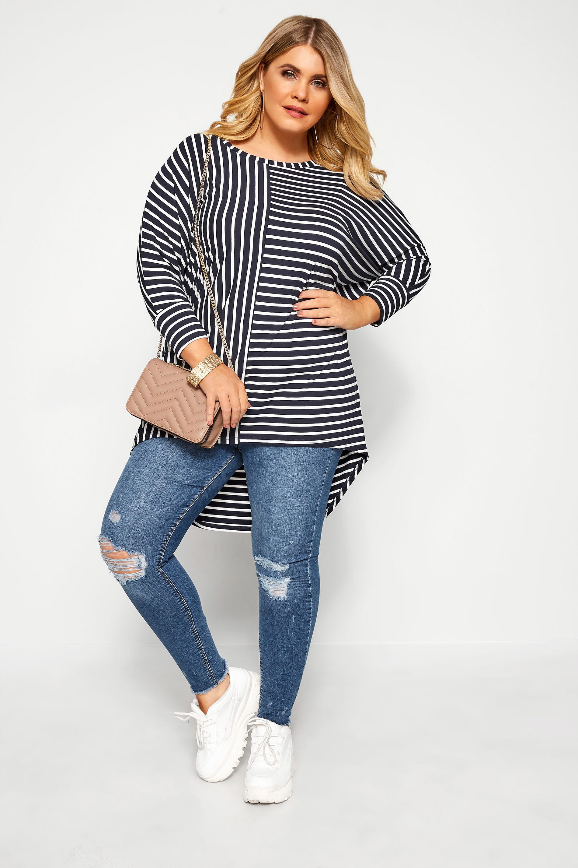 Navy Striped Extreme Dipped Hem Top | Yours Clothing