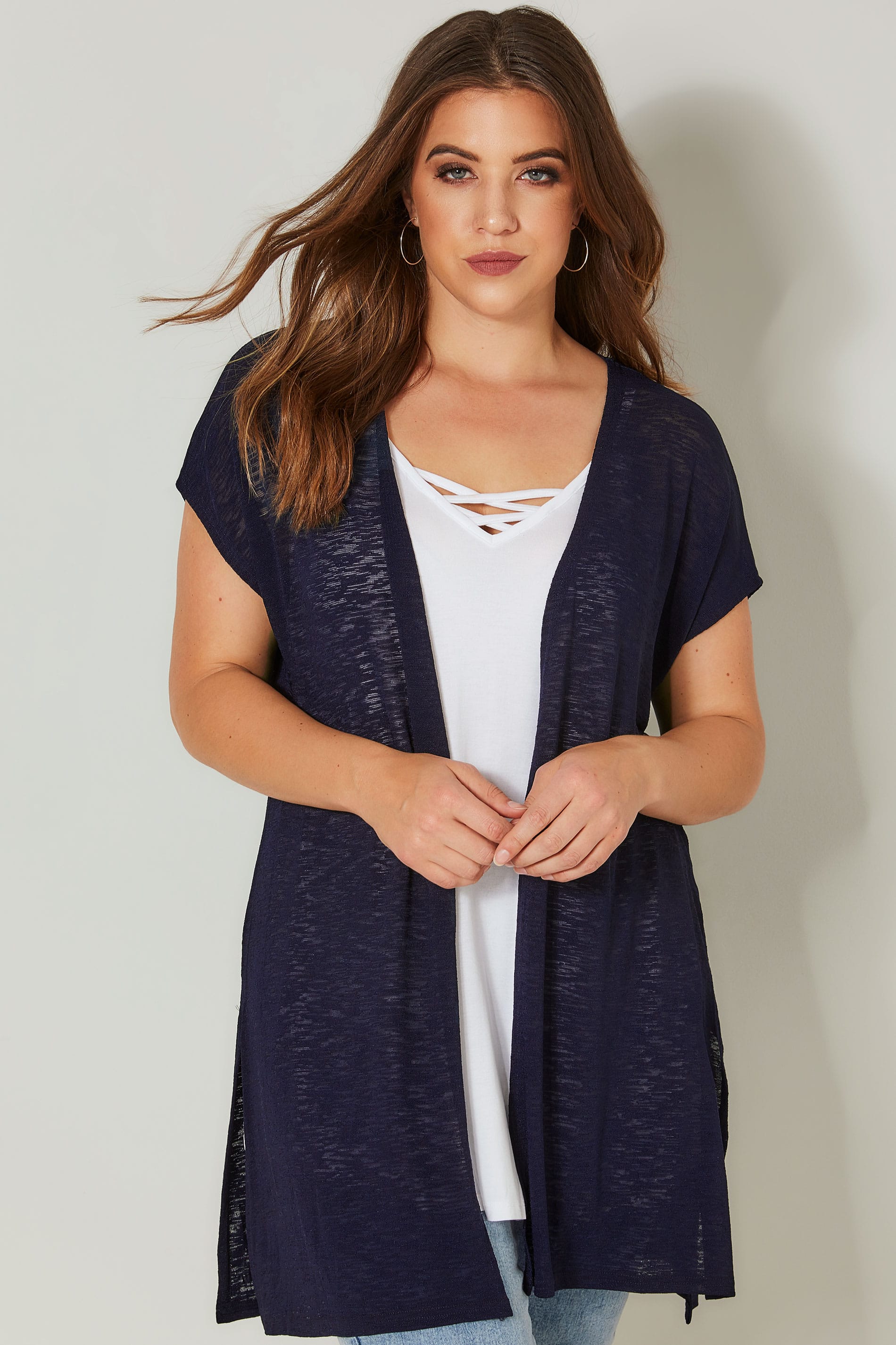 Navy Textured Cardigan With Grown-On Short Sleeves, Plus size 16 to 36 ...