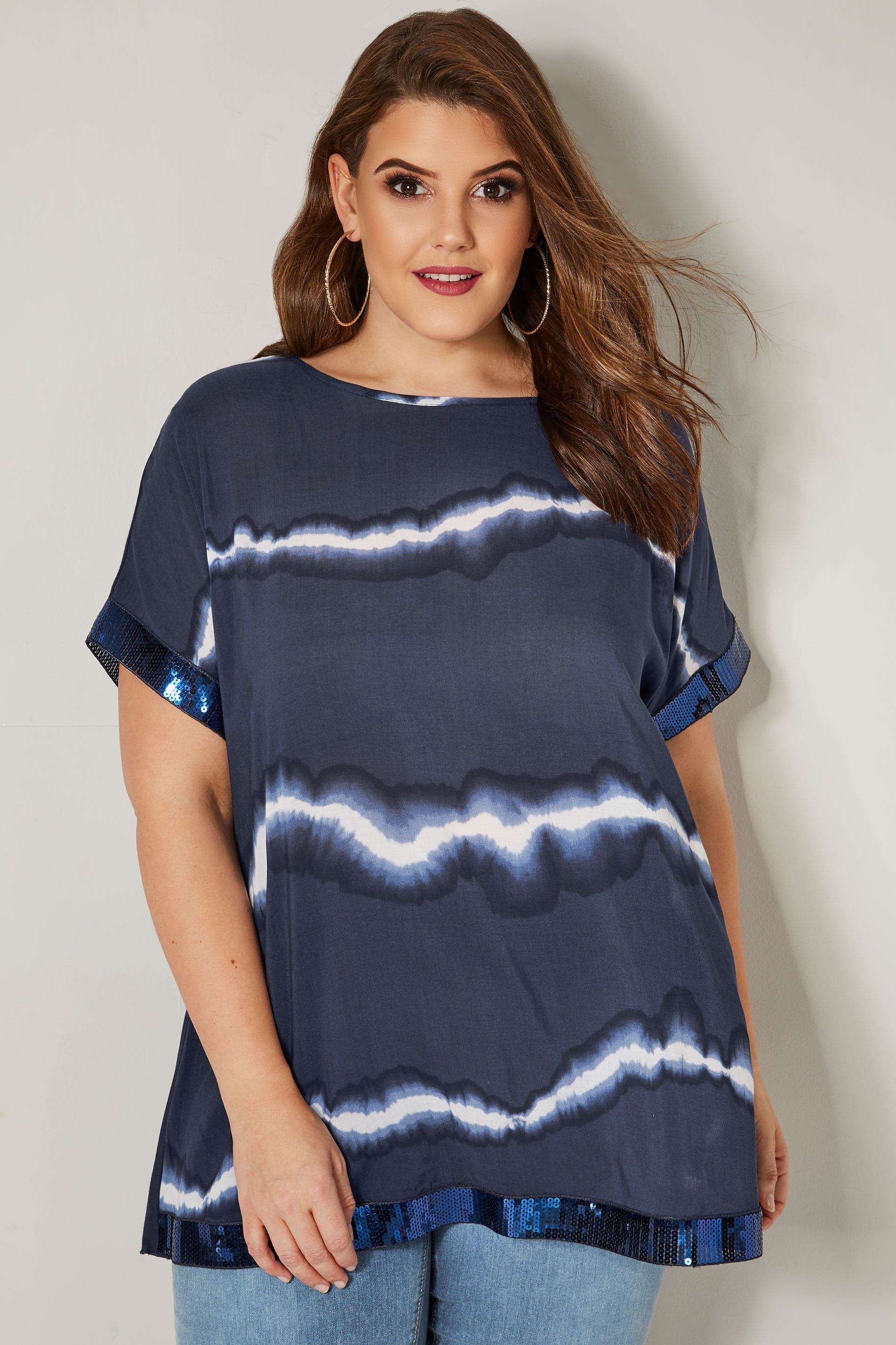Navy Tie Dye Chiffon Cape Top With Sequin Trim, Plus size 16 to 36