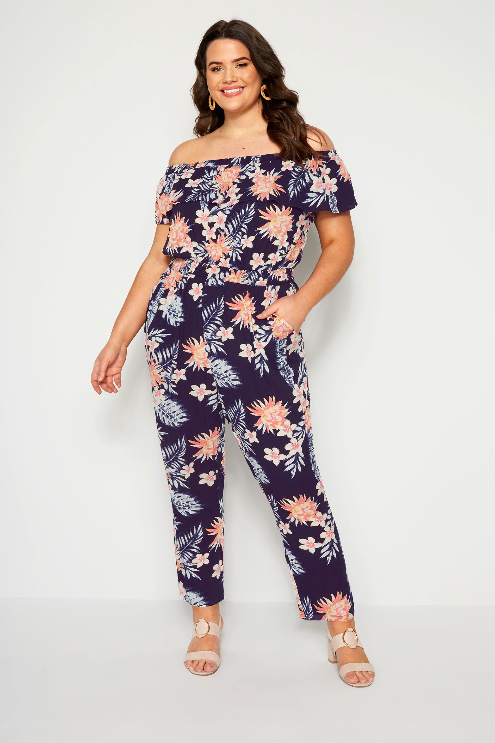 Navy Tropical Bardot Jumpsuit | Plus Sizes 16 to 36 | Yours Clothing