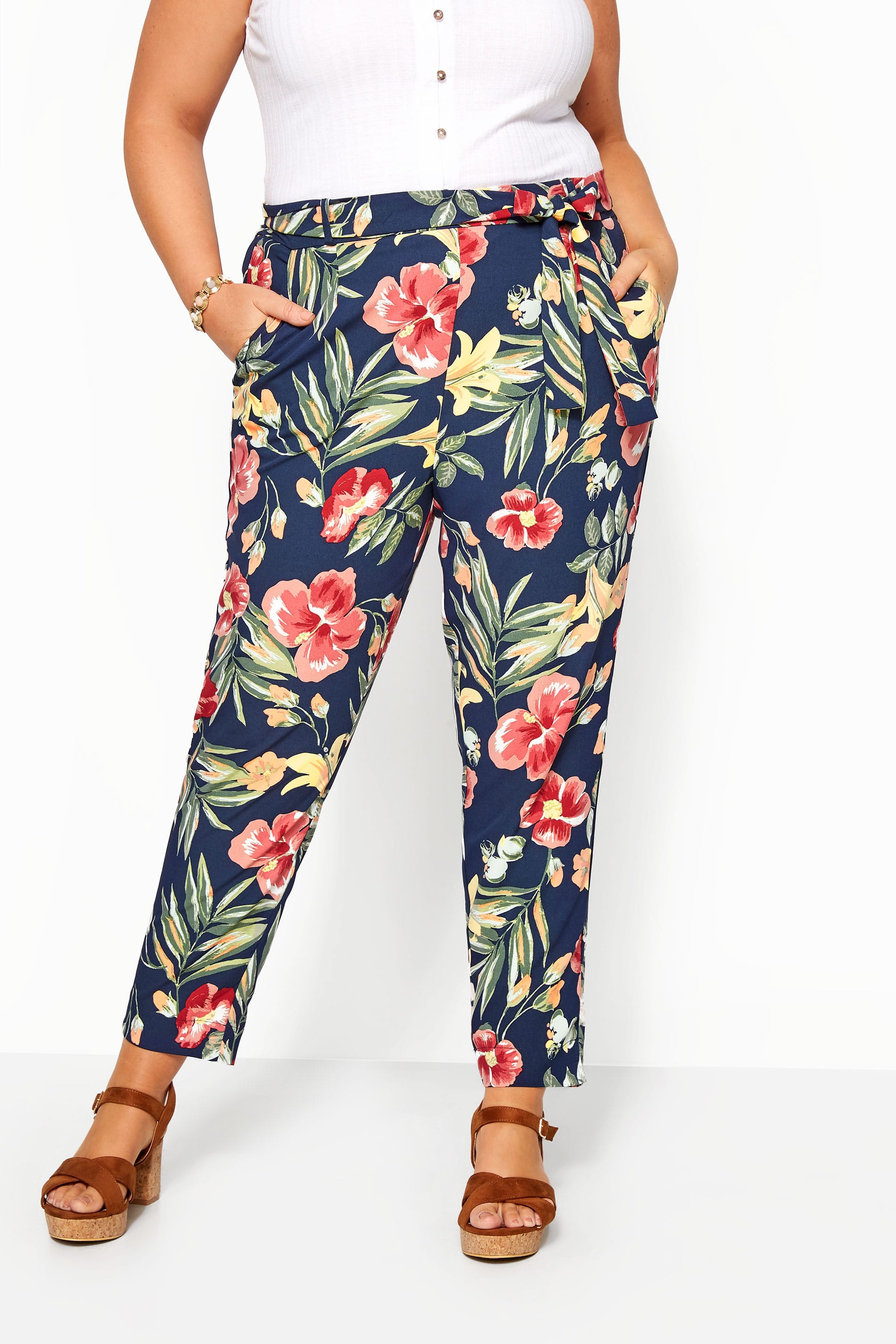 Navy Tropical Floral Tapered Trousers | Yours Clothing