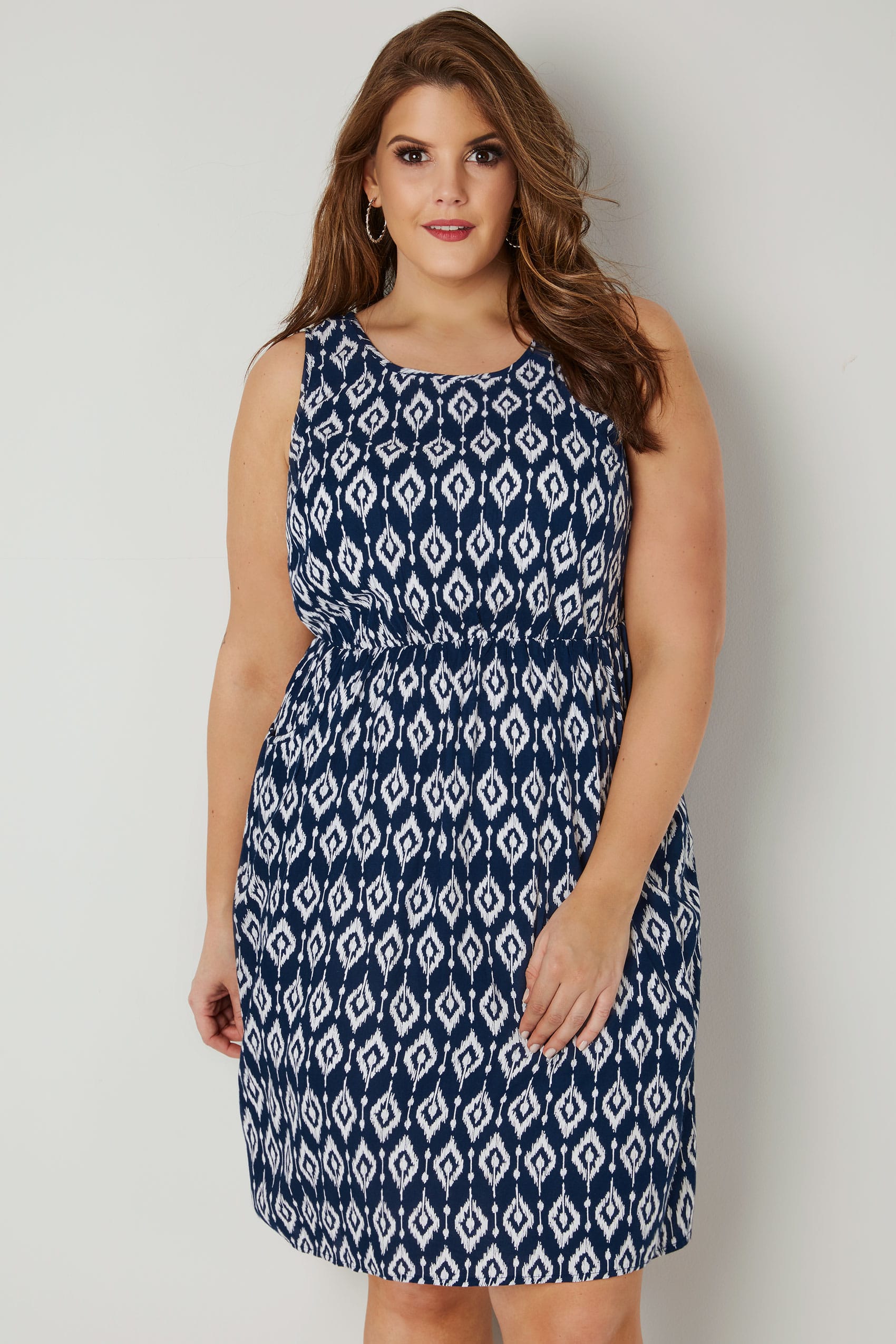 Navy & White Print Pocket Dress With Elasticated Waist, Plus size 16 to 36