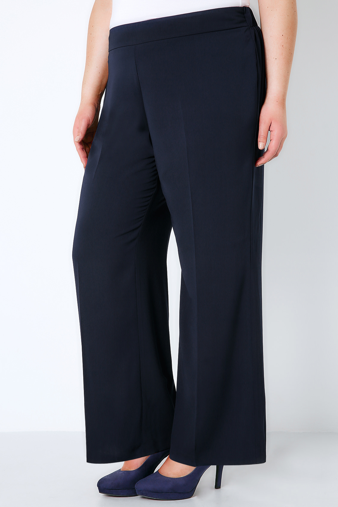 Navy Wide Leg Smart Trousers With Elasticated Waist