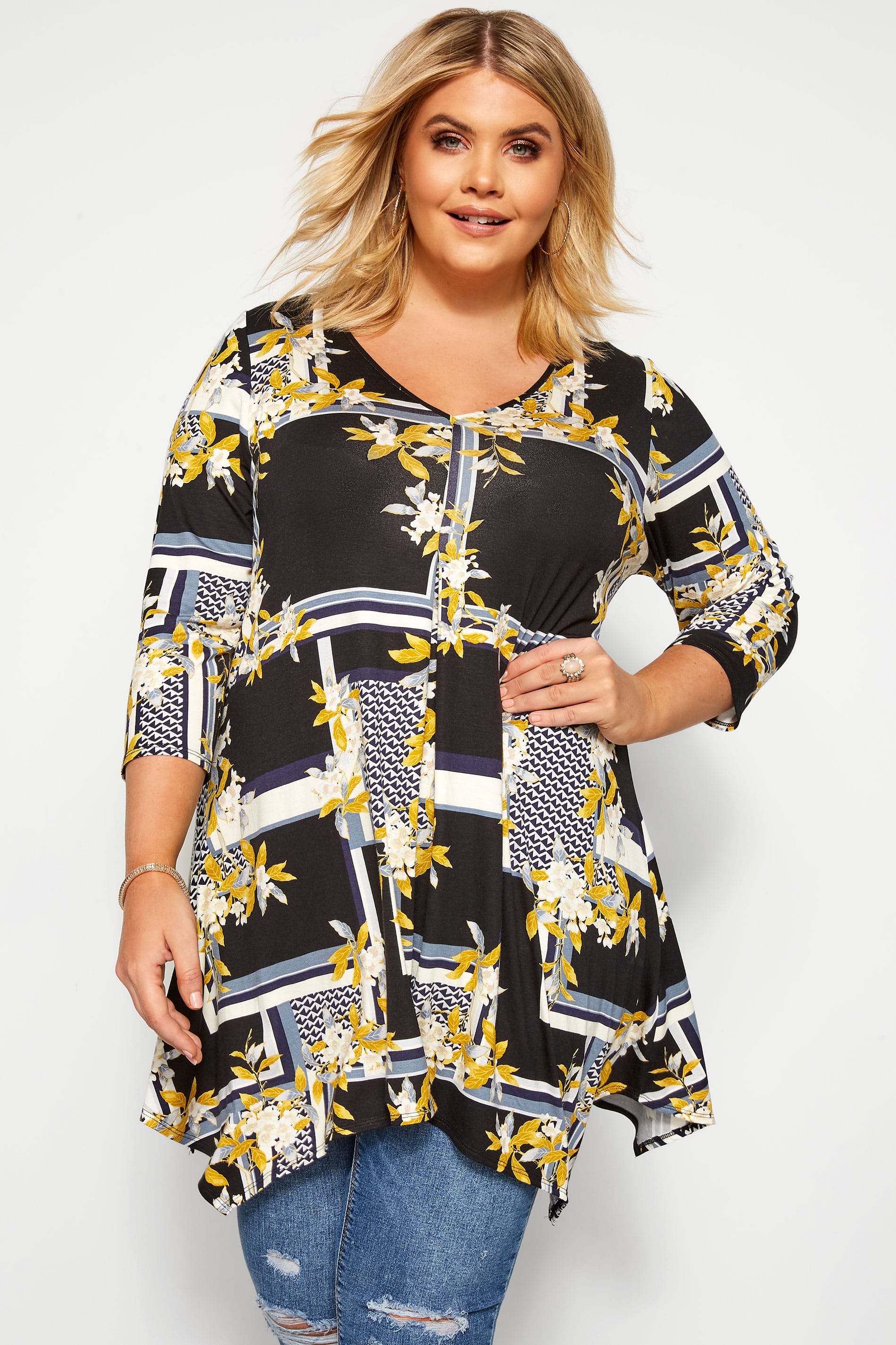 Navy & Yellow Floral Hanky Hem Top | Yours Clothing