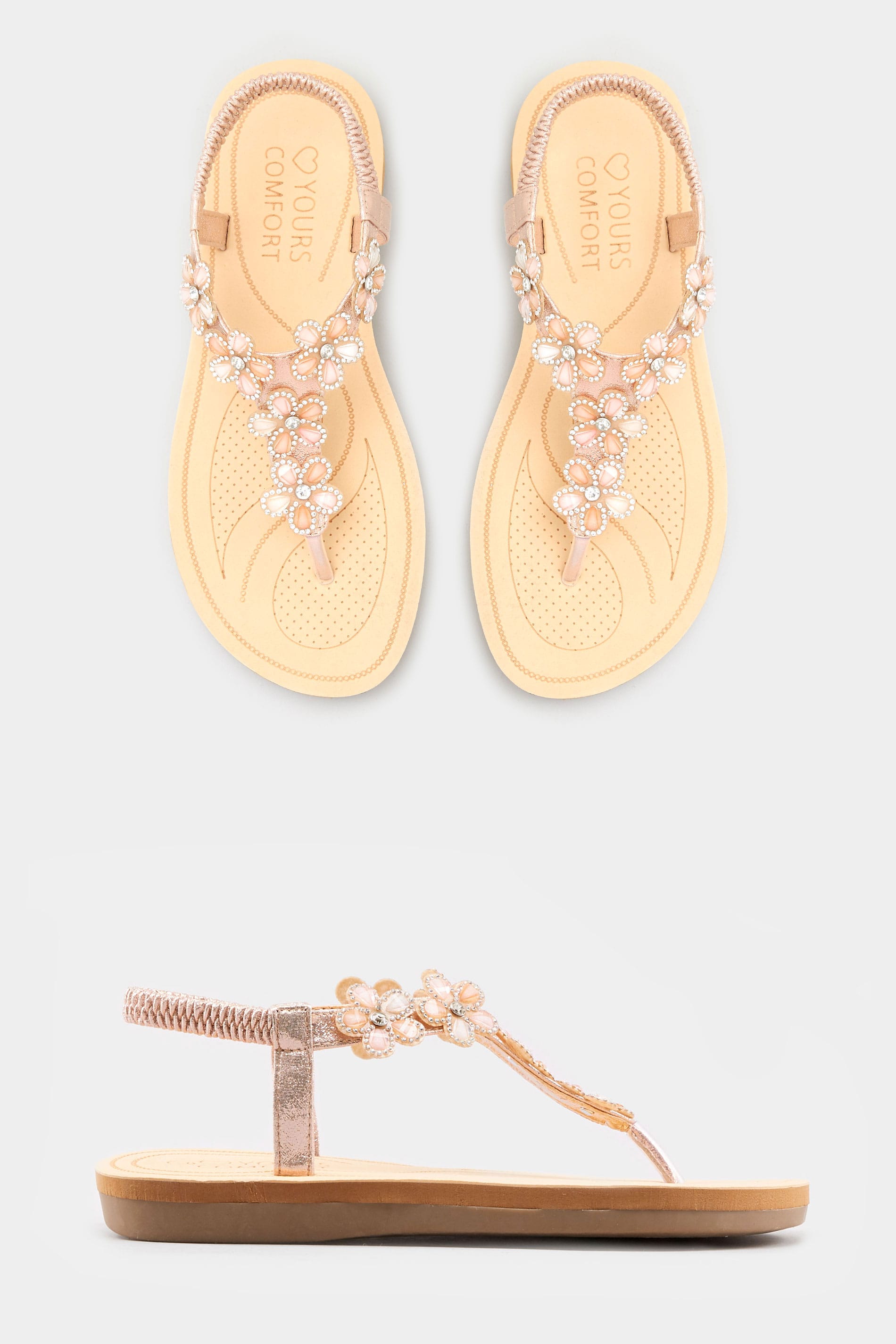 Rose Gold Diamante Flower Sandals In Extra Wide Fit | Yours Clothing