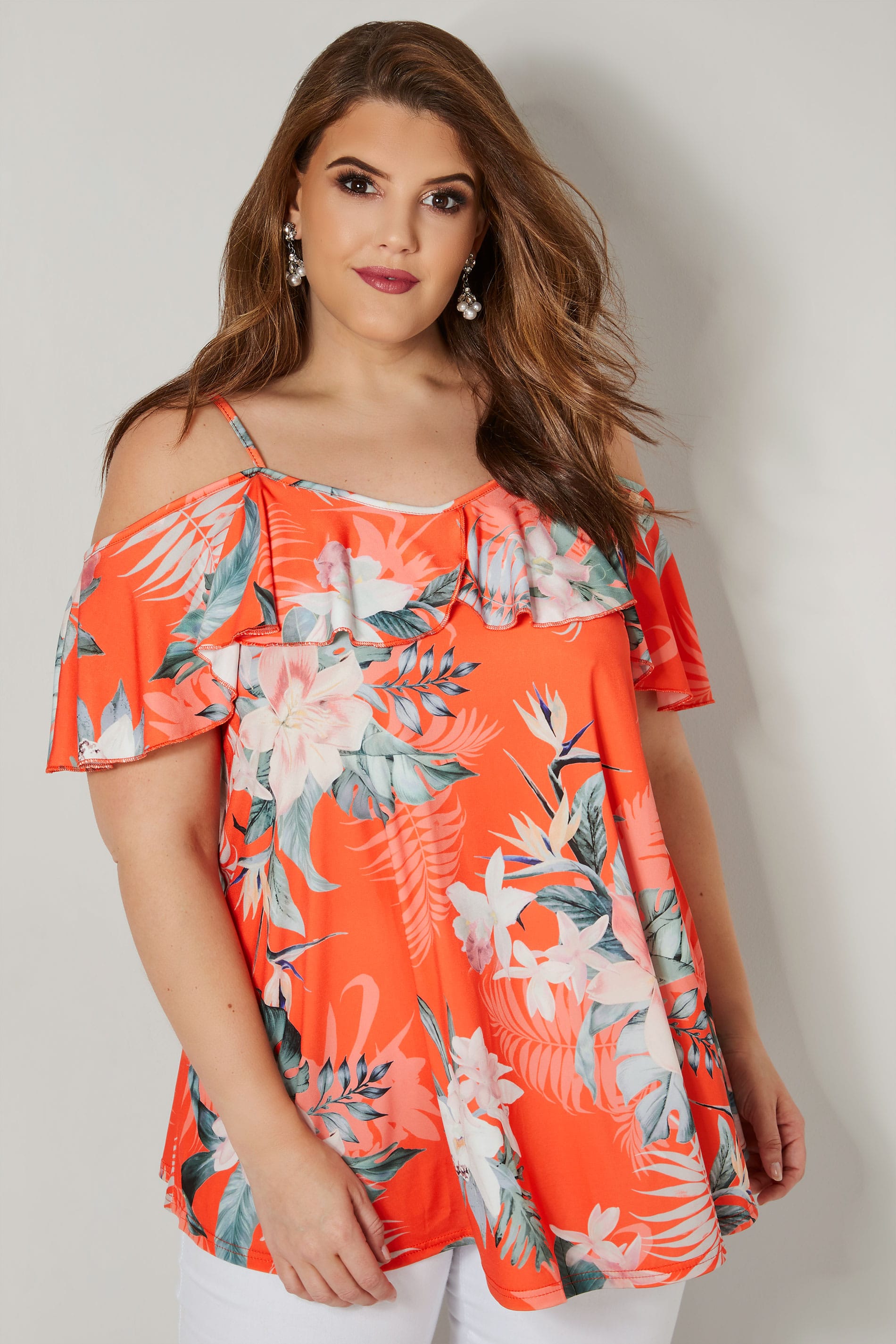 Orange Tropical Floral Print Cold Shoulder Top, plus size 16 to 36