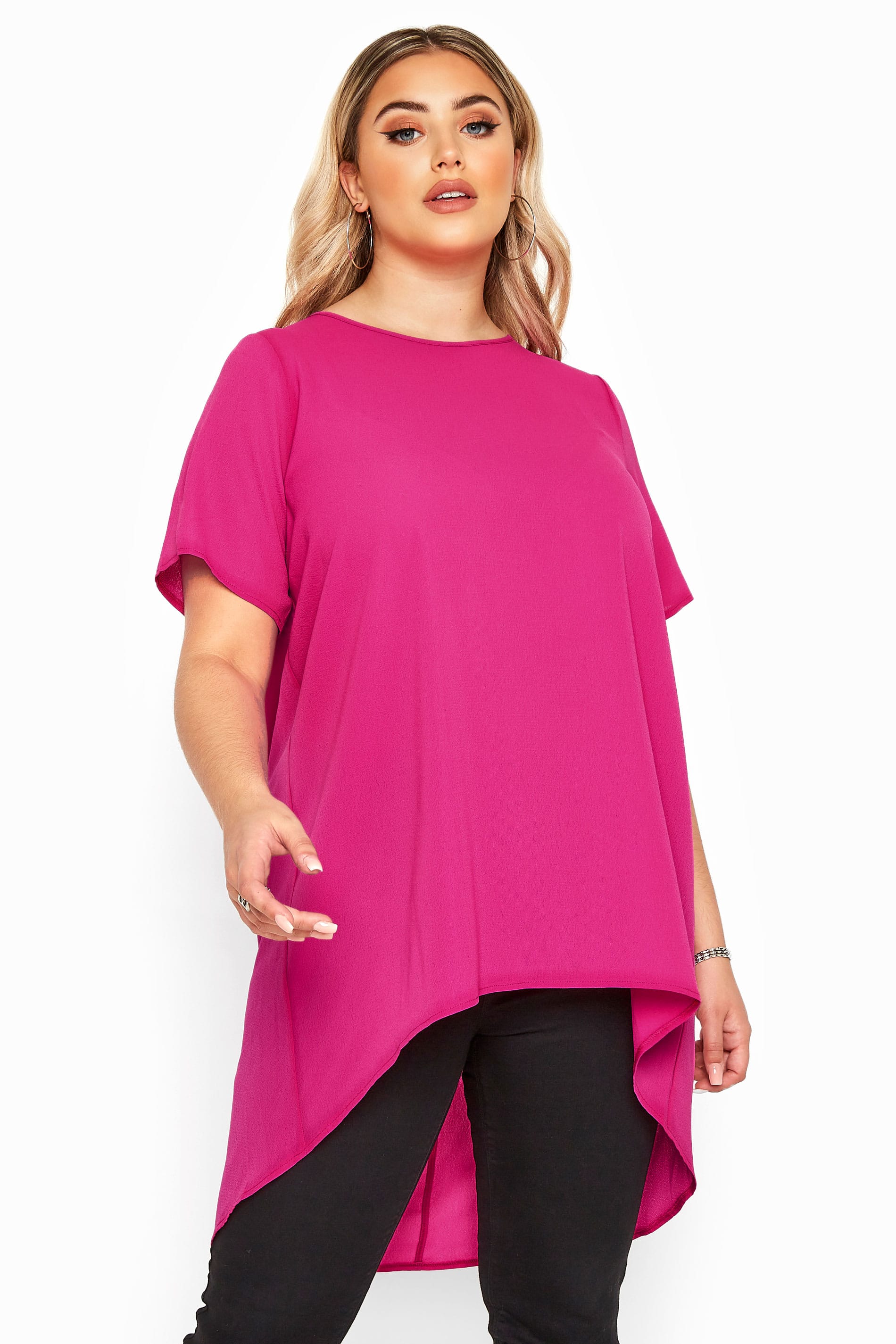 Yours London Hot Pink Pleated Extreme Dipped Hem Blouse Yours Clothing