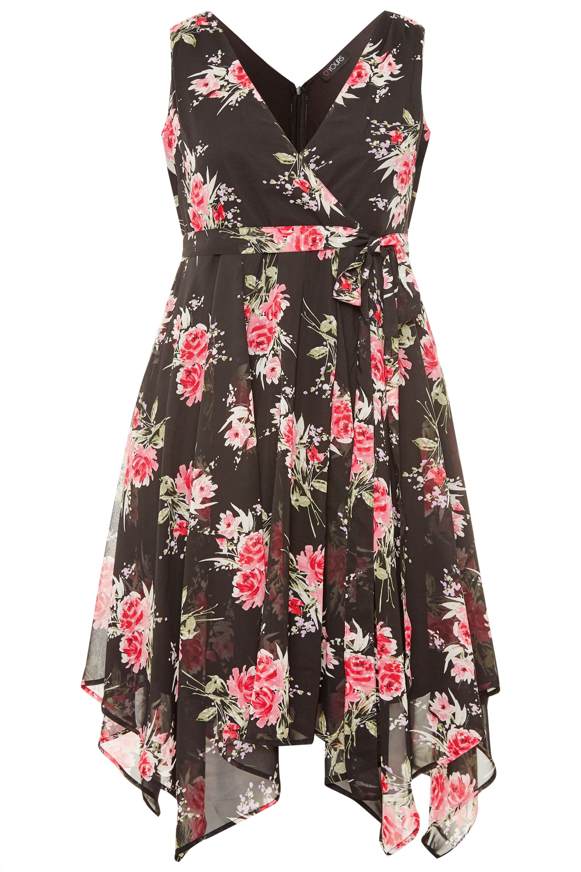 Black And Pink Floral Hanky Hem Dress Yours Clothing 3794