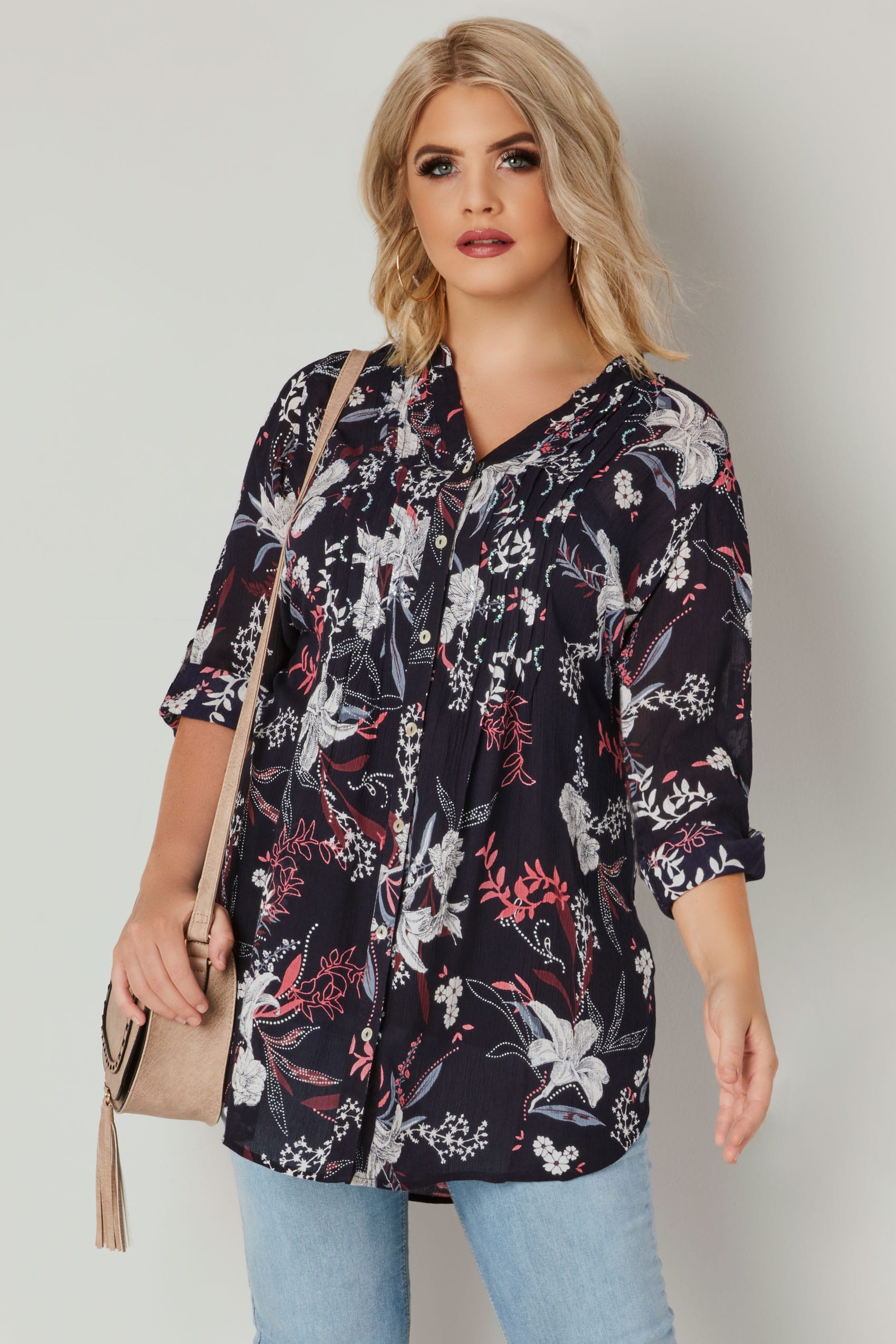 Navy & Pink Floral Pintuck Longline Blouse With Sequin Detail, plus ...
