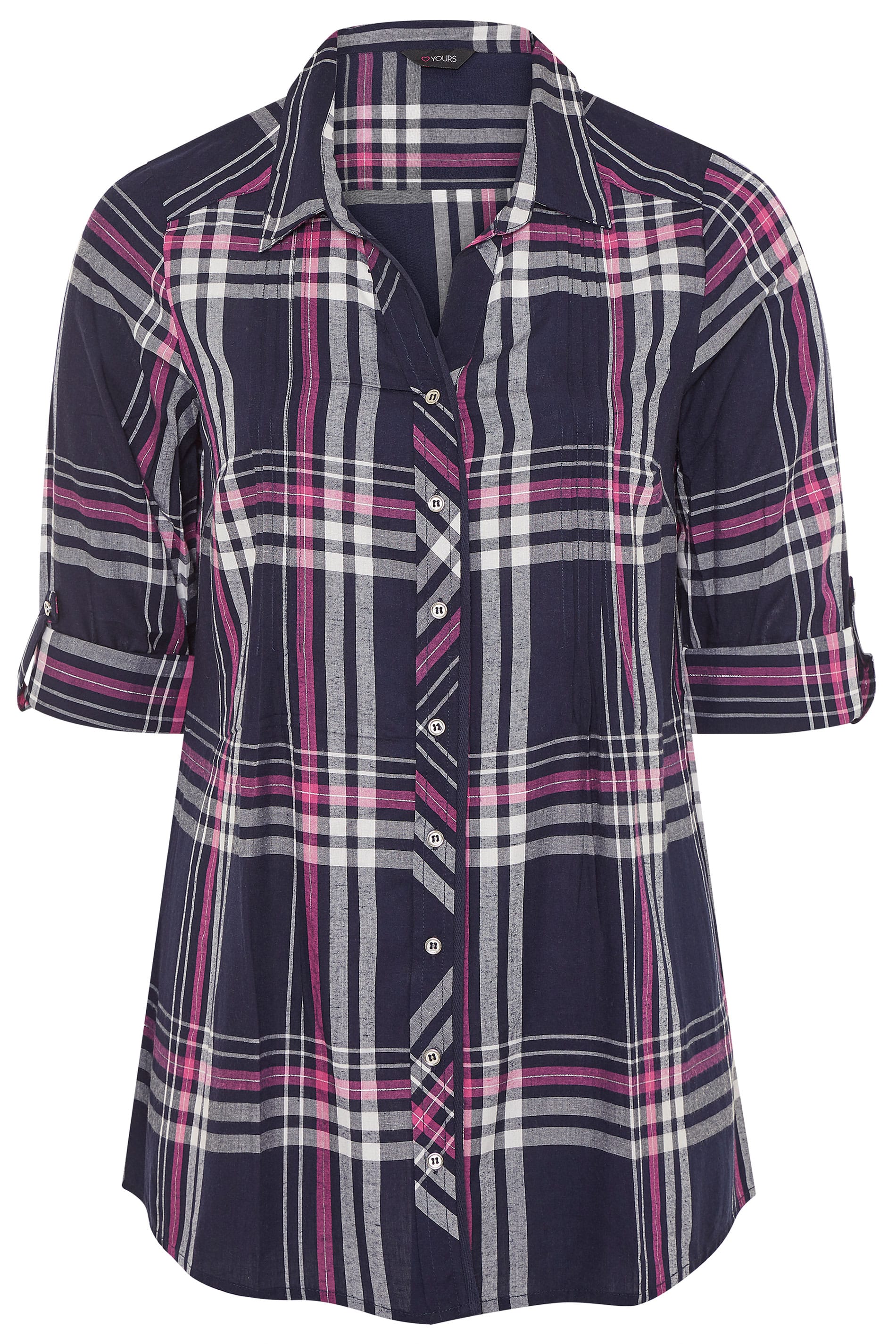 Navy & Pink Check Metallic Pleat Shirt | Yours Clothing