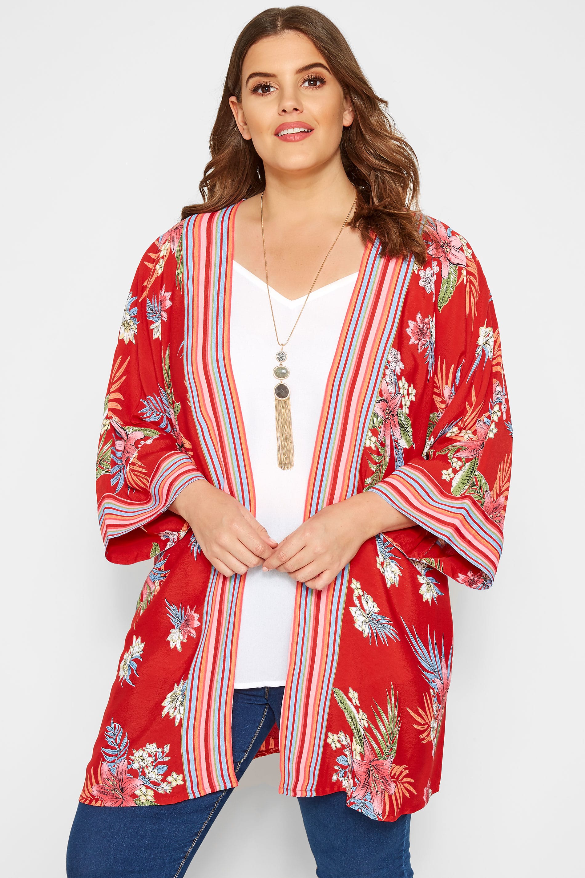Red Tropical & Striped Kimono | Sizes 16-36 | Yours Clothing