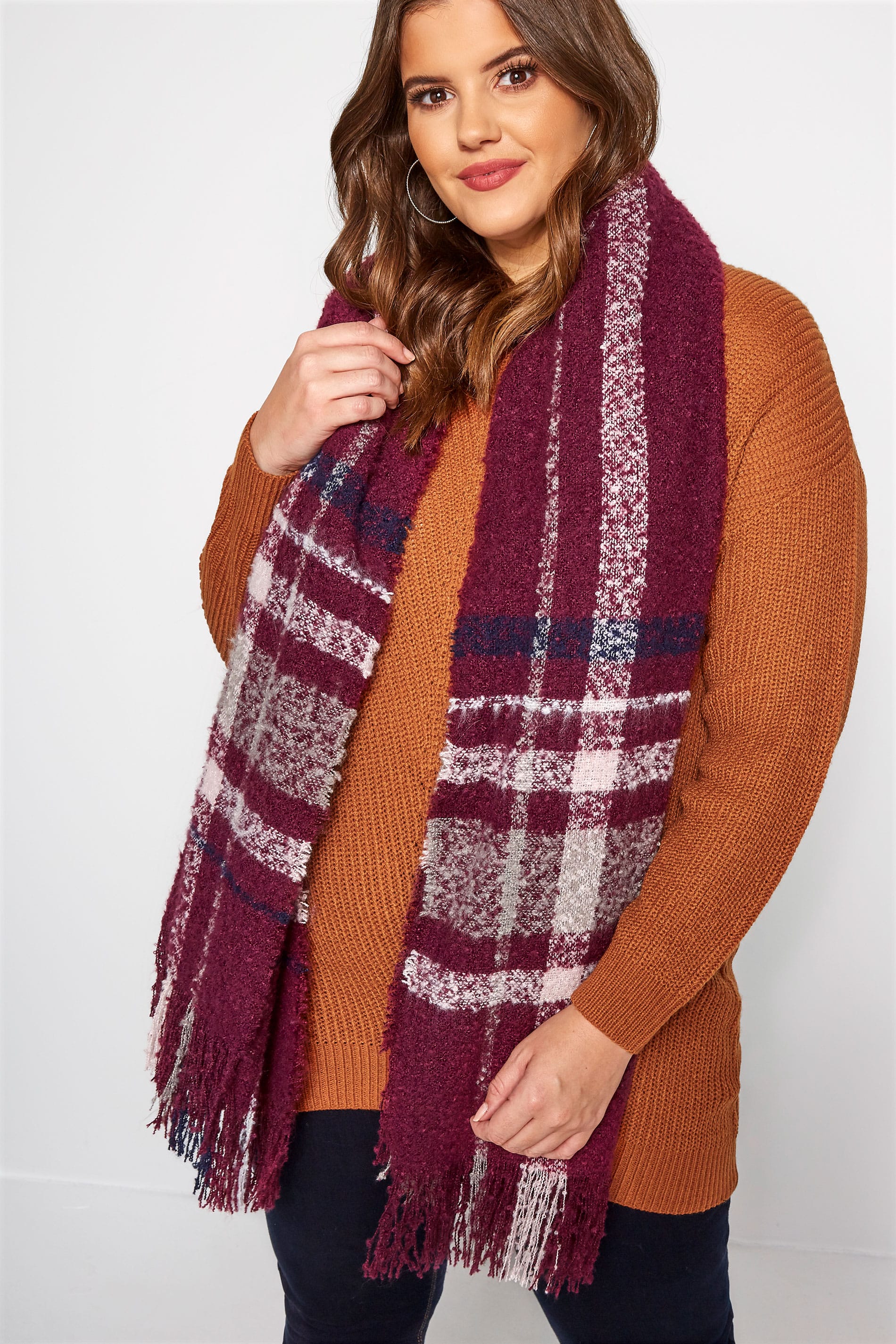 Purple Check Boucle Scarf | Yours Clothing