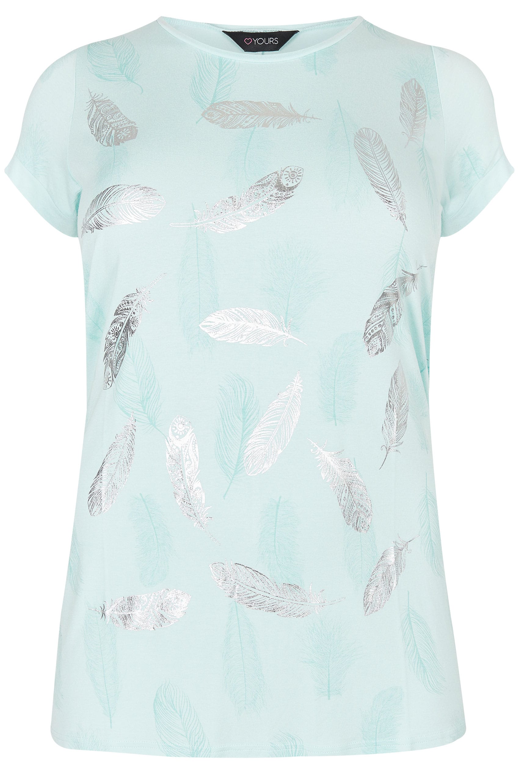 Pale Turquoise Foil Feather Print T-Shirt, plus size 16 to 36
