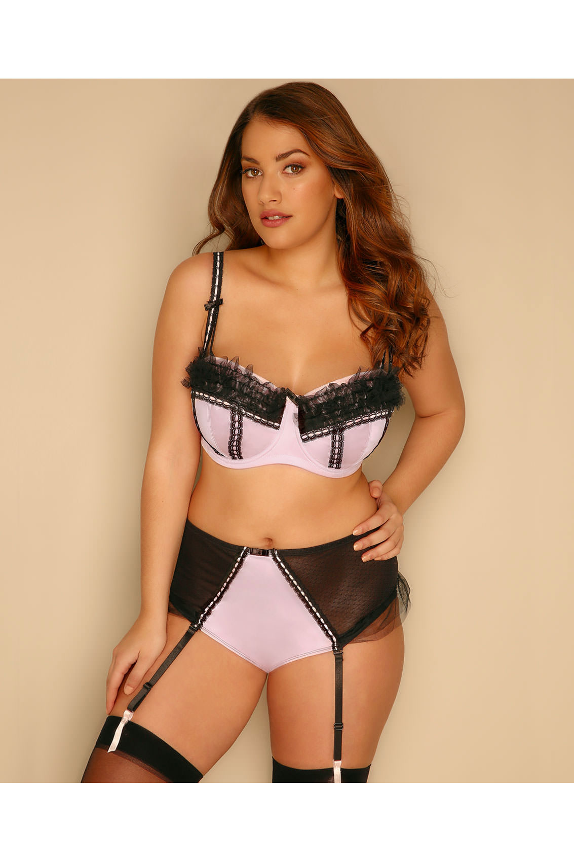 Pink & Black Satin & Mesh Suspender Brief With Frill Detail, Plus size