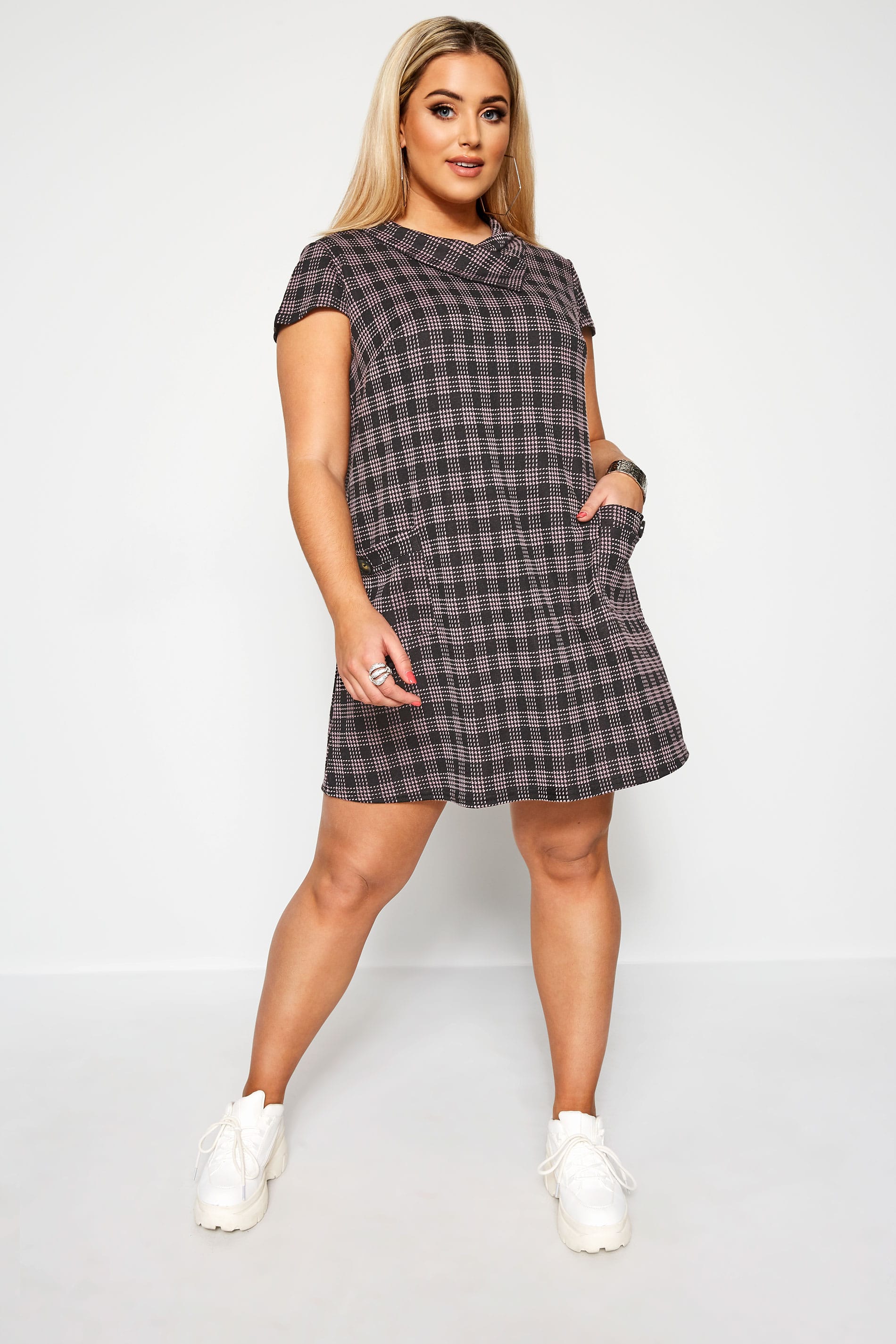 Pink Check Cowl Neck Tunic Dress | Yours Clothing