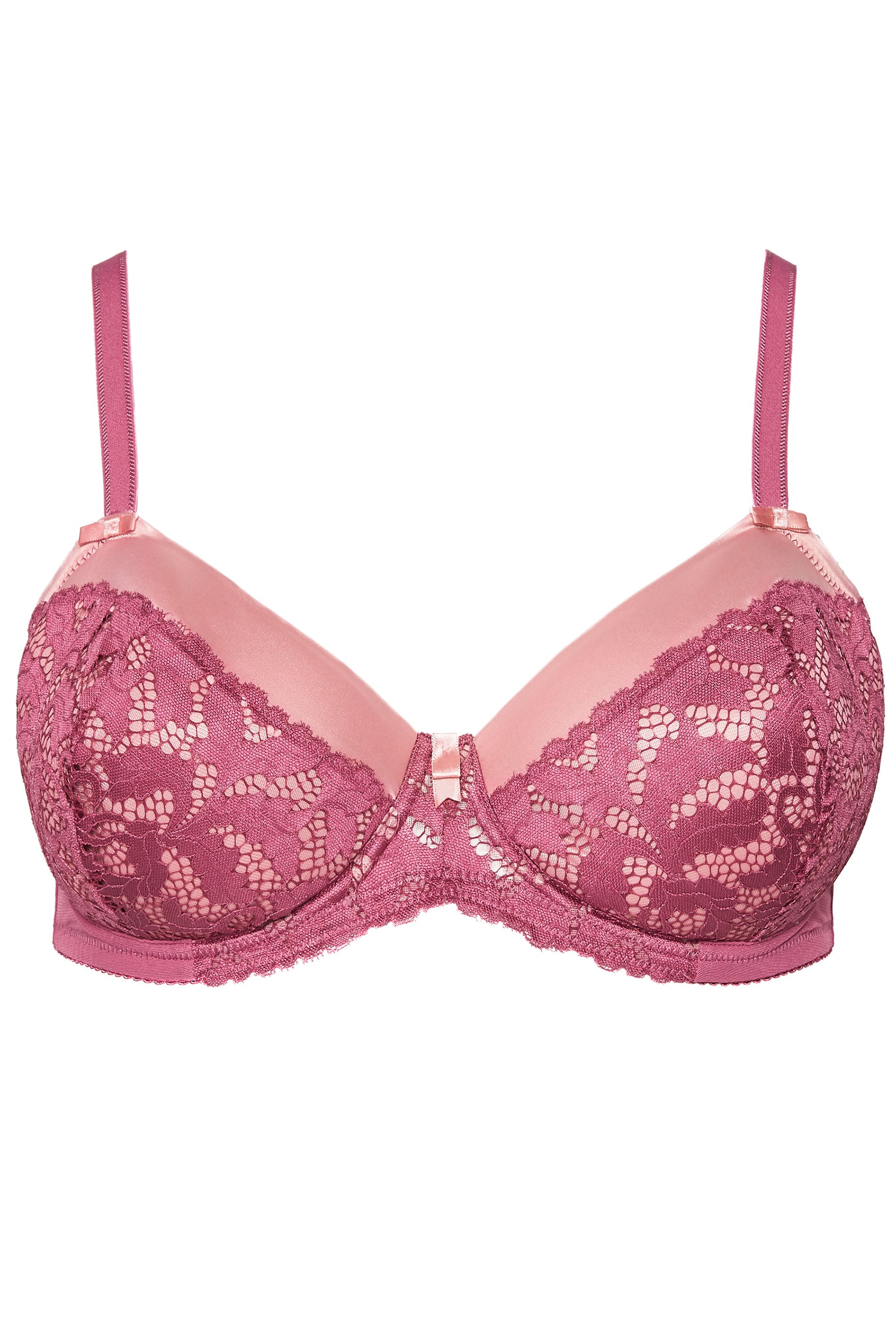 Pink Double Layered Lace & Satin Plunge Bra | Yours Clothing