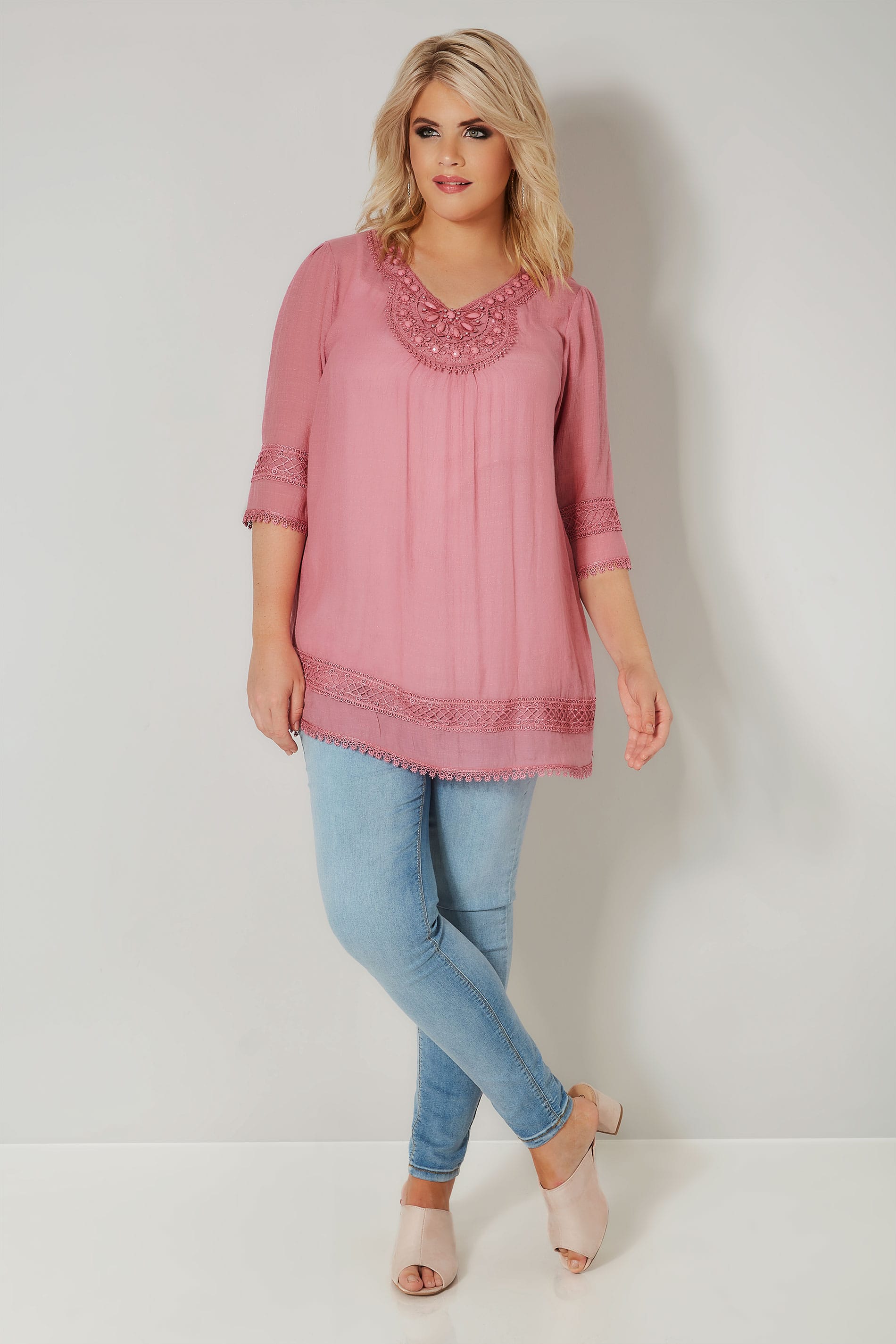 Pink Longline Top With Embellished Neckline & Lace Trim, plus size 16 to 36