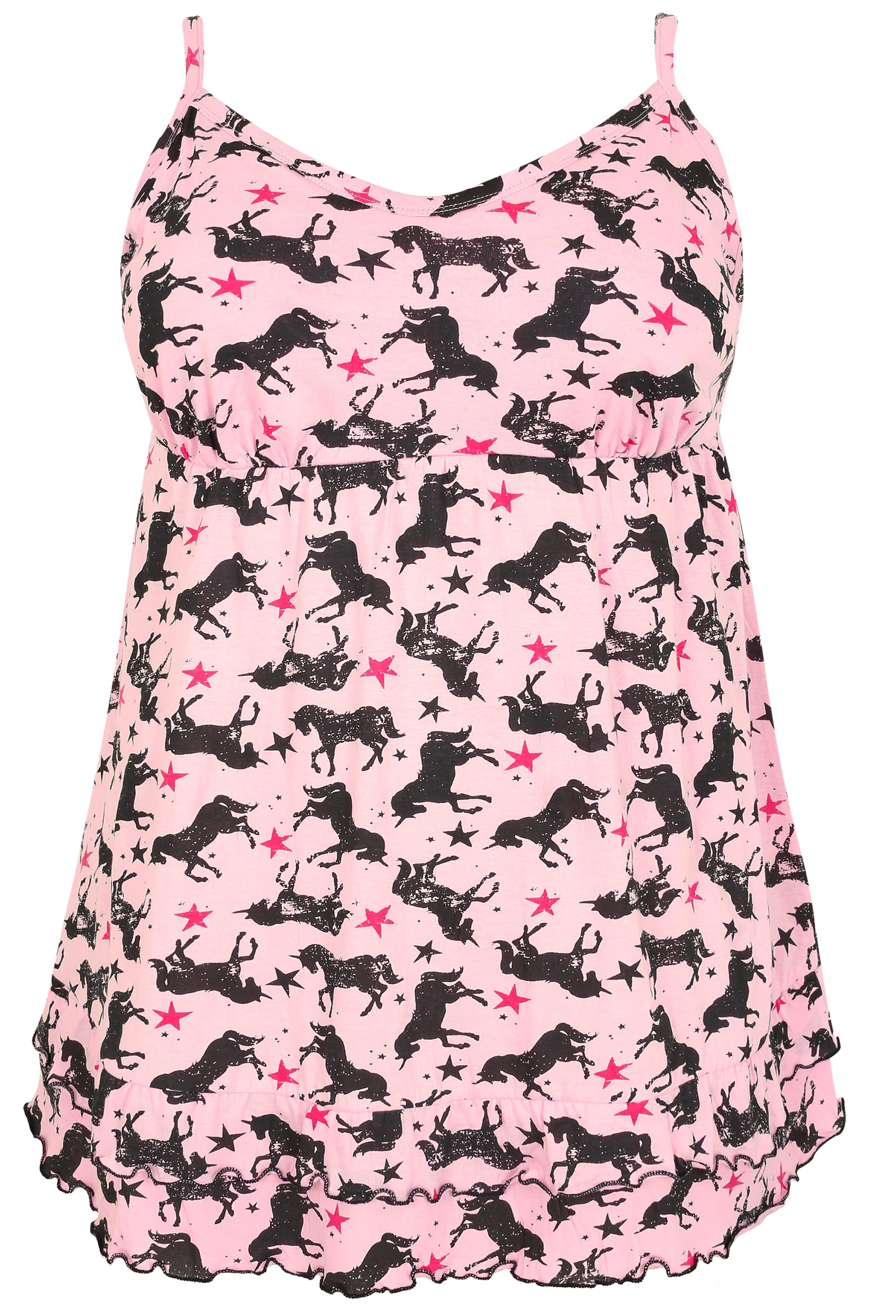 Pink Longline Unicorn Print Pyjama Cami Top With Frilled Hem, Plus size 16 to 36 3