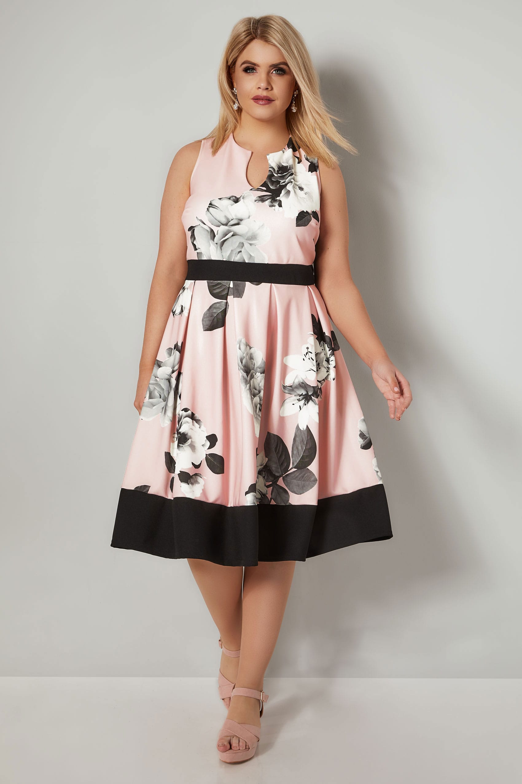 Pink Monochrome Floral Print Skater Dress, plus size 16 to 36