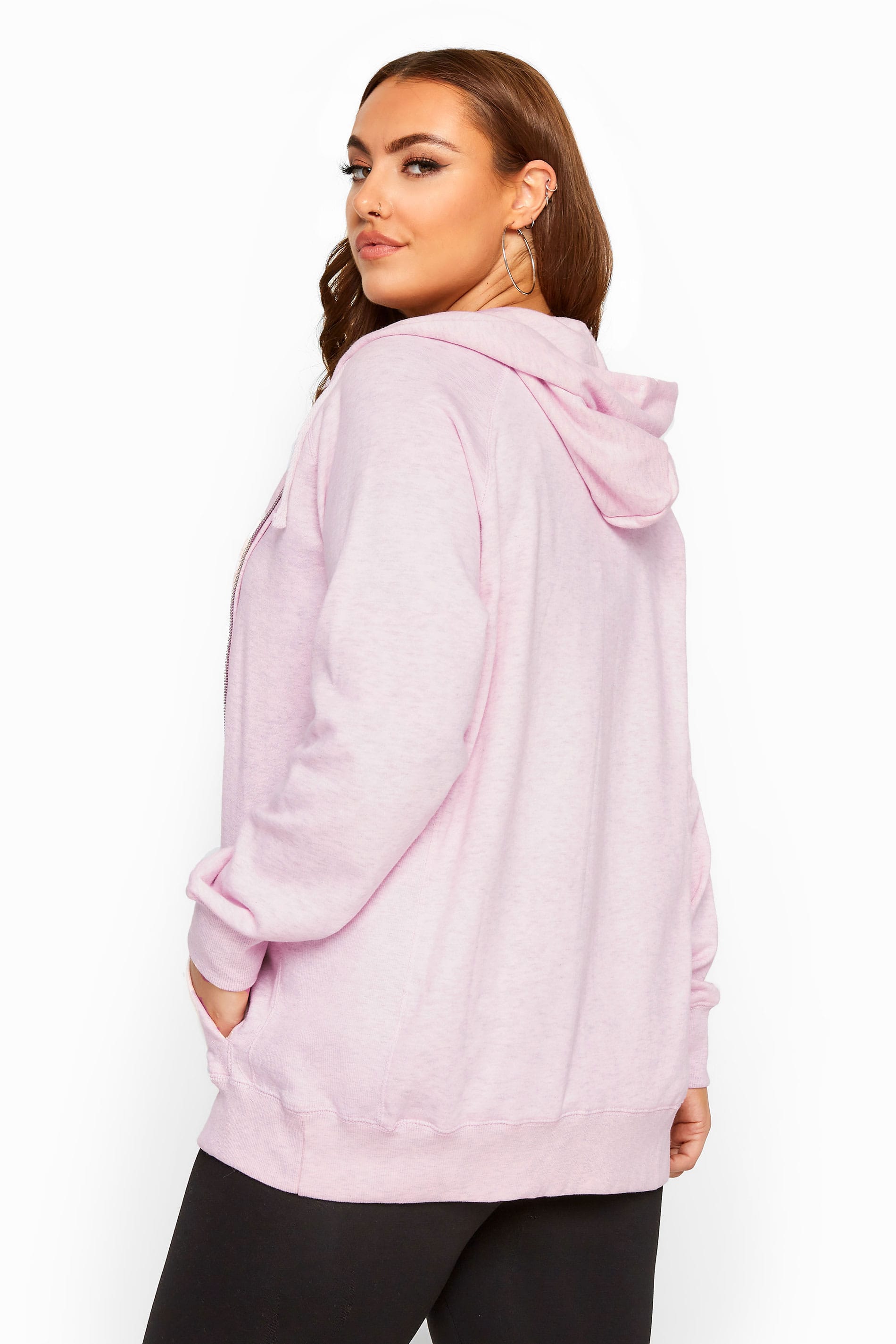 Pink Ribbed Trim Zip Through Hoodie | Yours Clothing