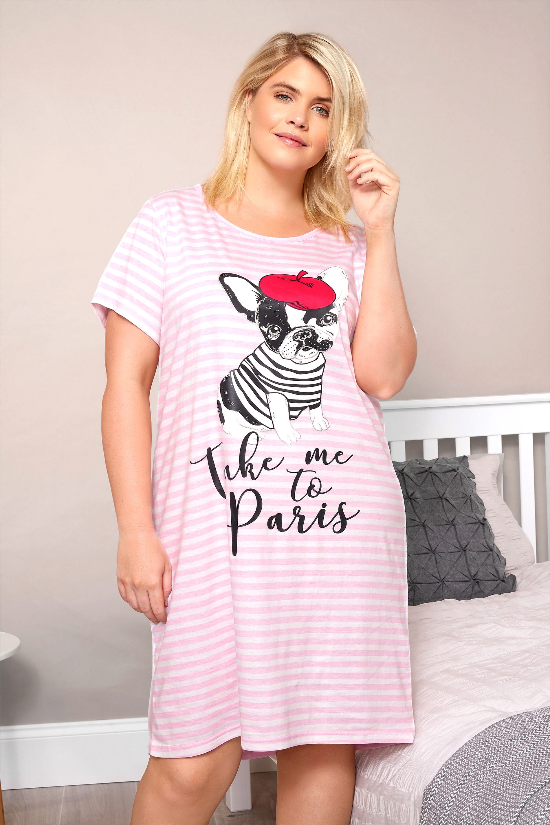 Plus Size Pink Striped Take Me To Paris Nightdress Sizes 16 To 36 