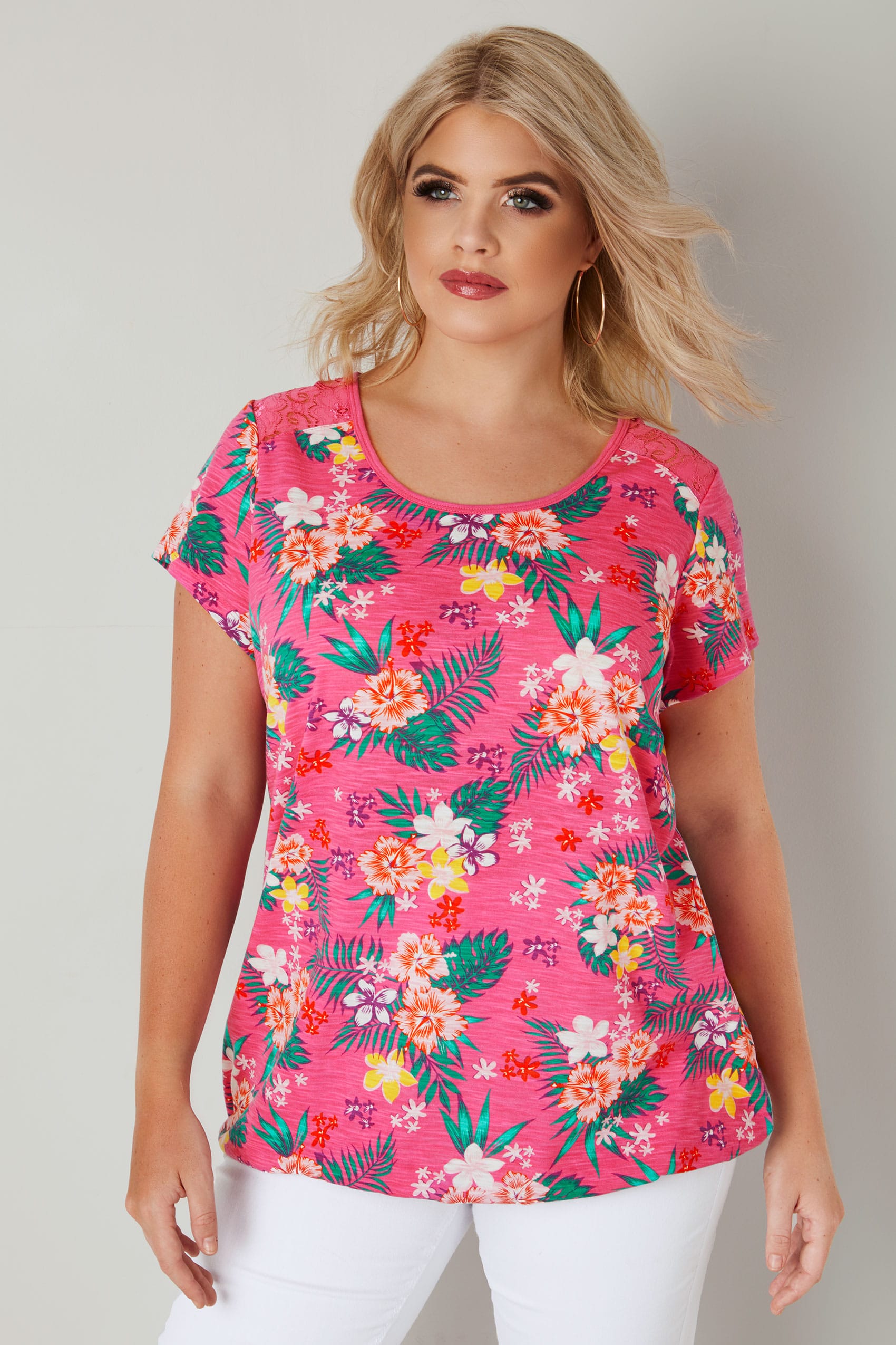 Pink Tropical Floral Lace Top, plus size 16 to 36