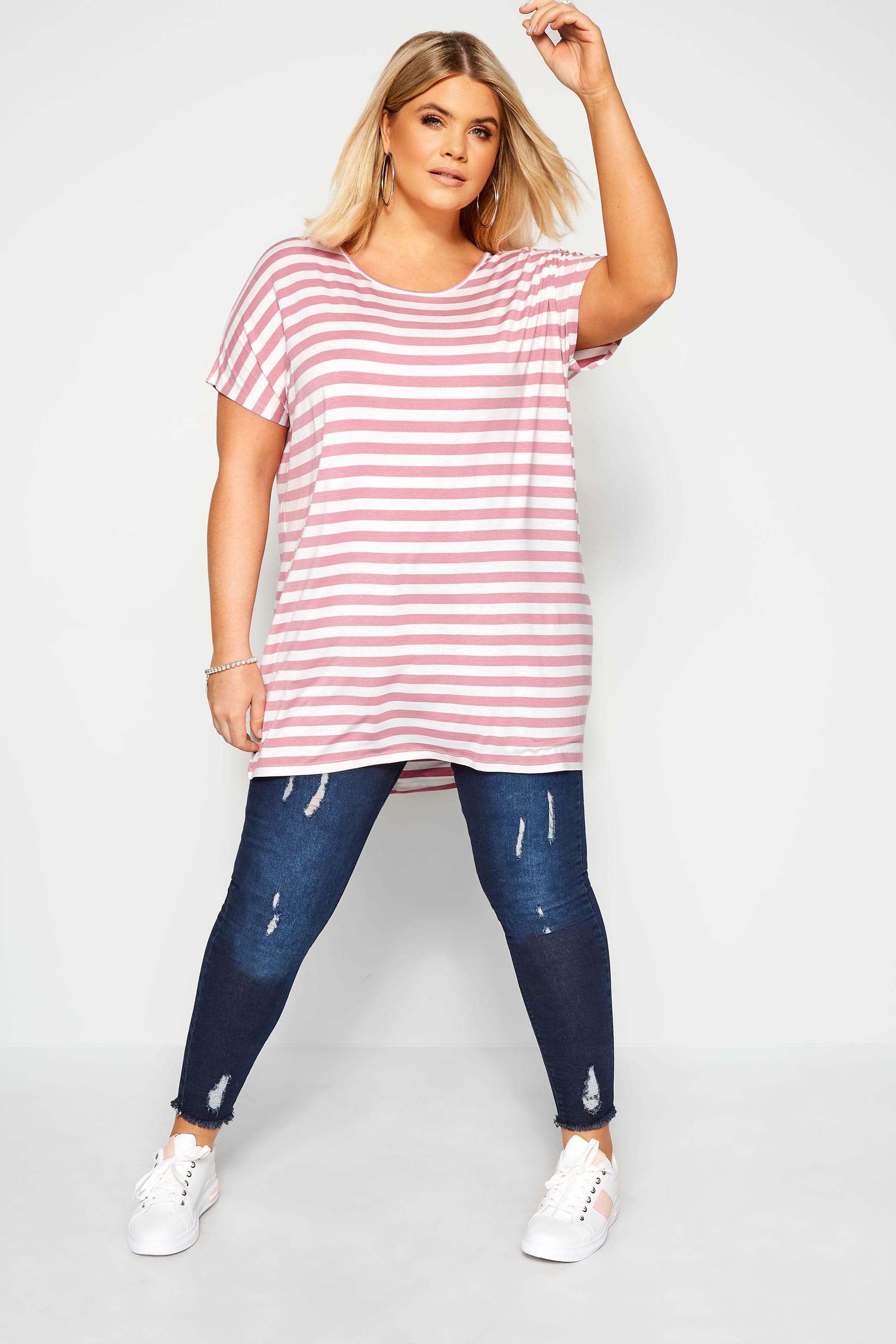 Pink & White Stripe Dipped Hem Top | Yours Clothing