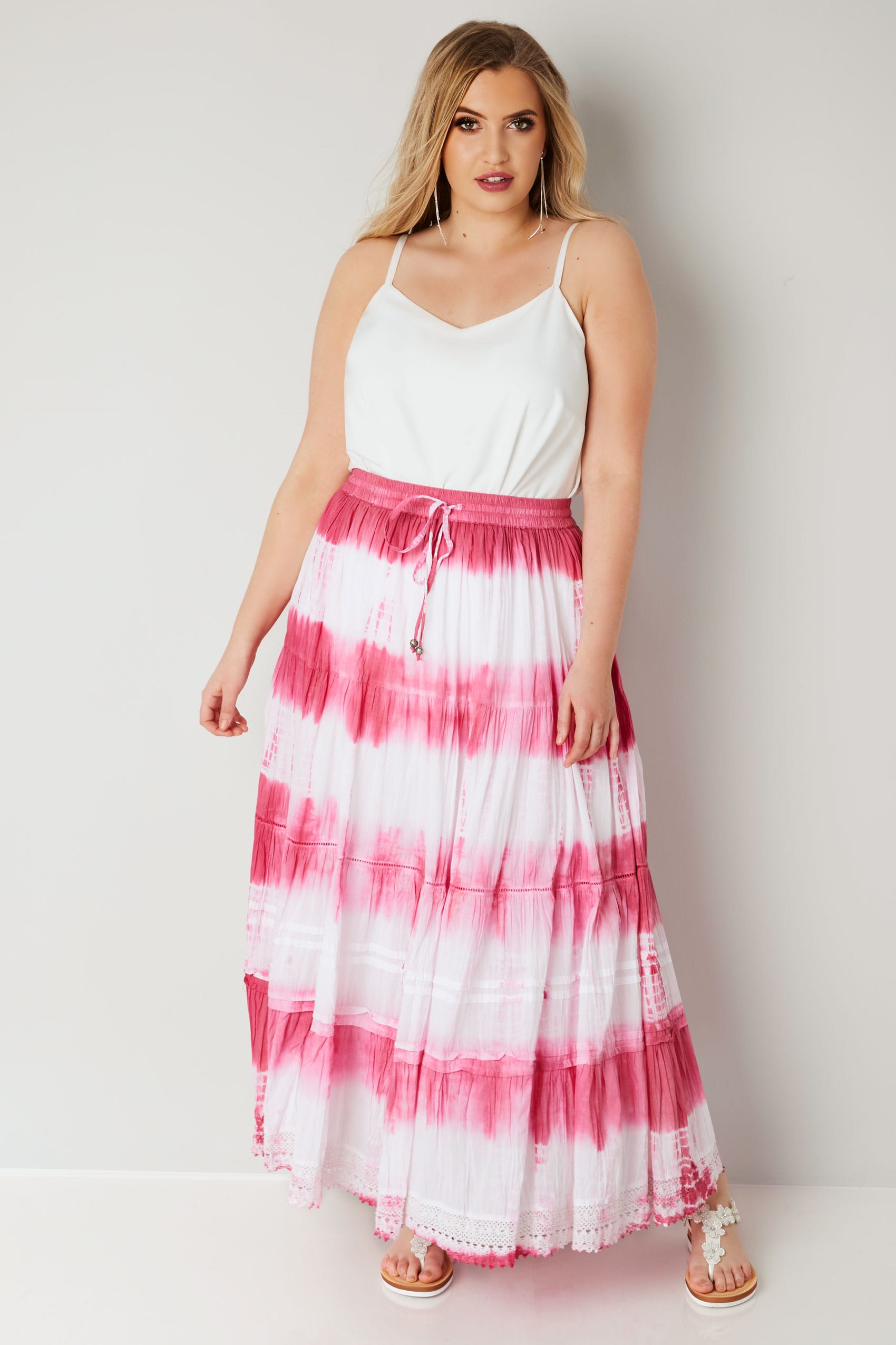 Pink & White Tie Dye Tiered Maxi Skirt With Lace Trim Hem, Plus size 16 ...